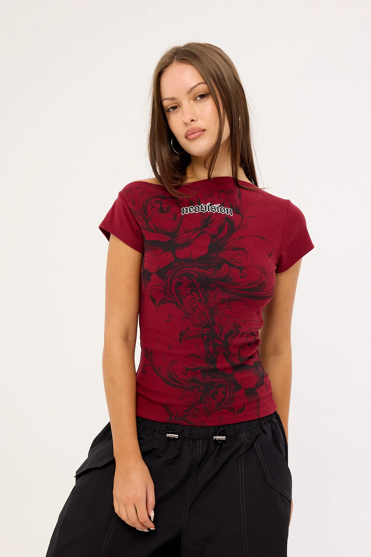 Neovision Fallen Roses Off Shoulder Fitted Tee Burgundy