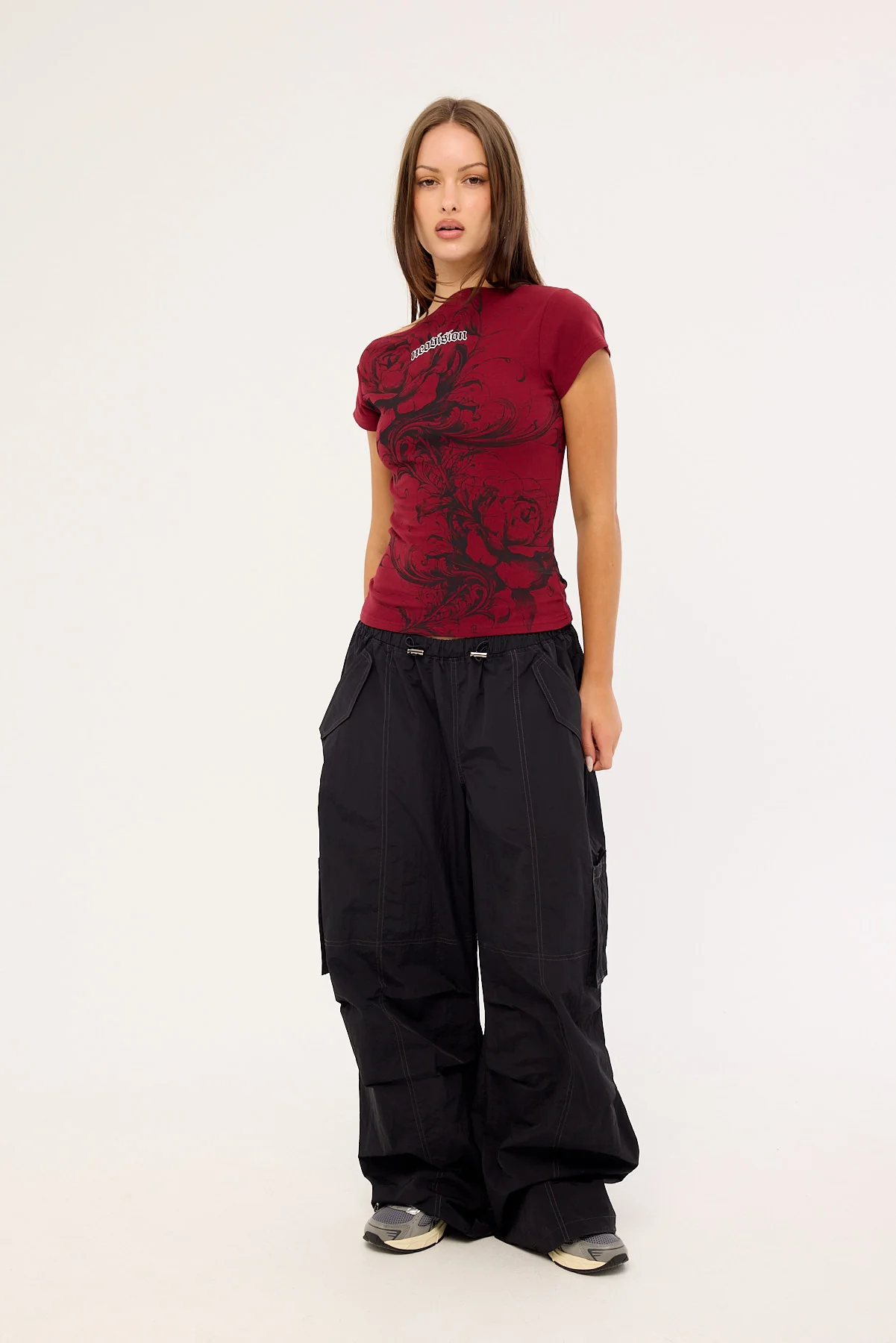 Neovision Fallen Roses Off Shoulder Fitted Tee Burgundy - Image 2