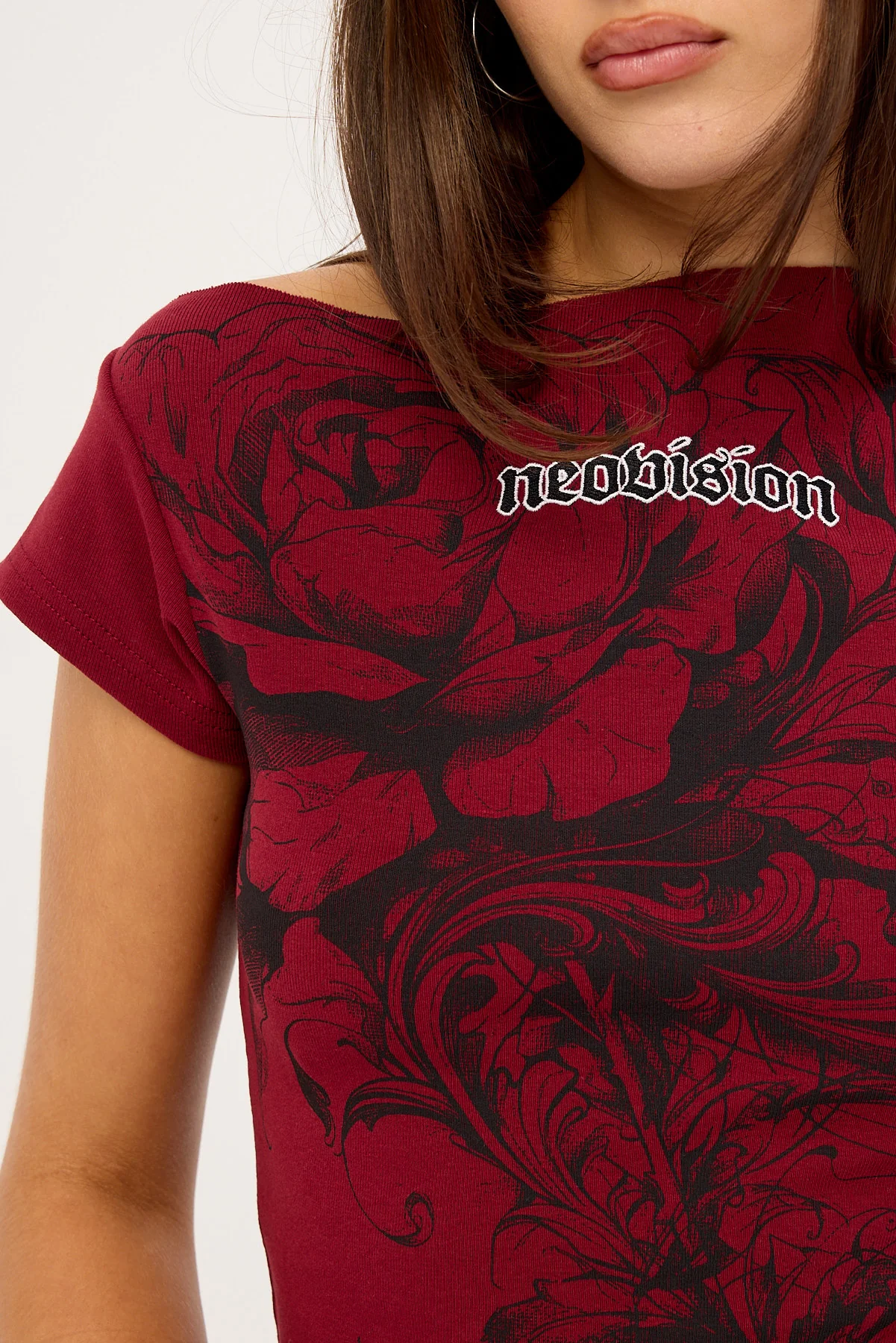 Neovision Fallen Roses Off Shoulder Fitted Tee Burgundy - Image 3