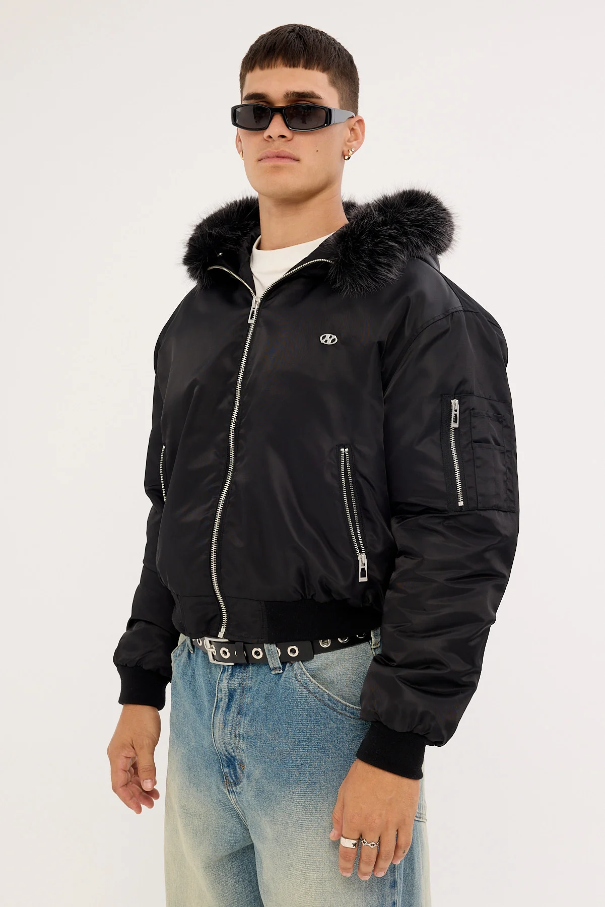 Neovision Frosted Hooded Faux Fur Bomber Jacket Black - Image 4