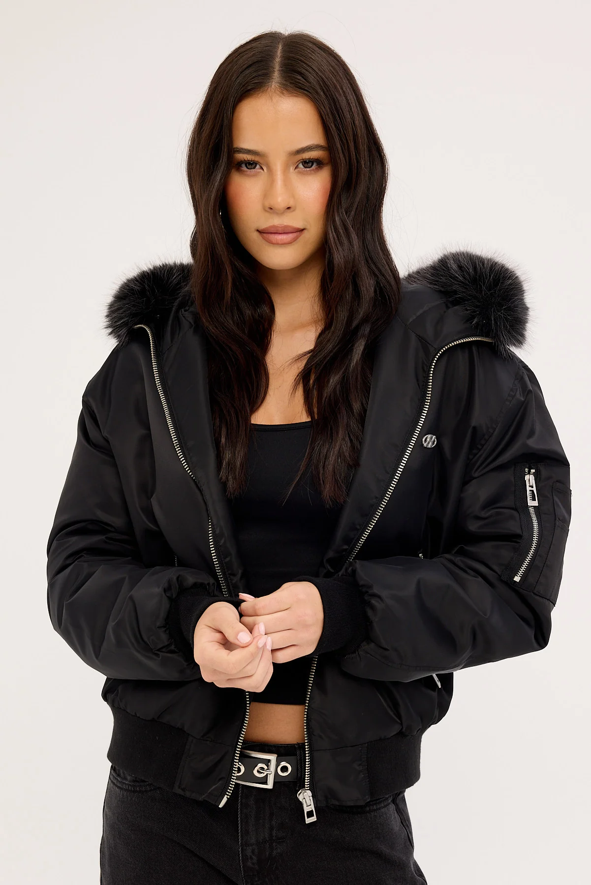 Neovision Frosted Hooded Faux Fur Bomber Jacket Black - Image 9