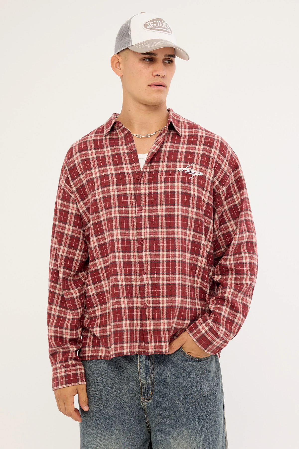 Neovision Cast Check Oversized Long Sleeve Shirt Red Check