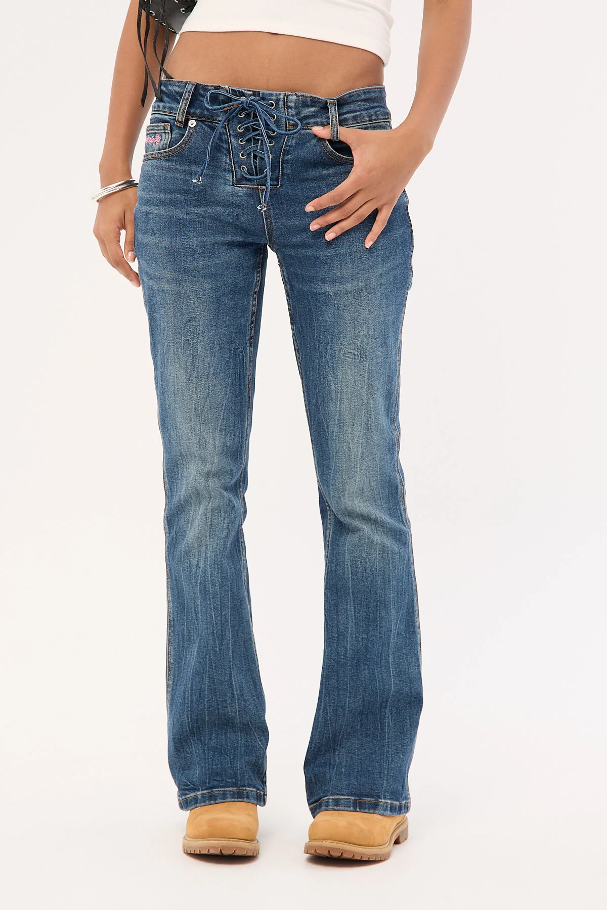 Neovision Misty Lace Up Low Bootcut Jean Mid Blue Denim - Image 5