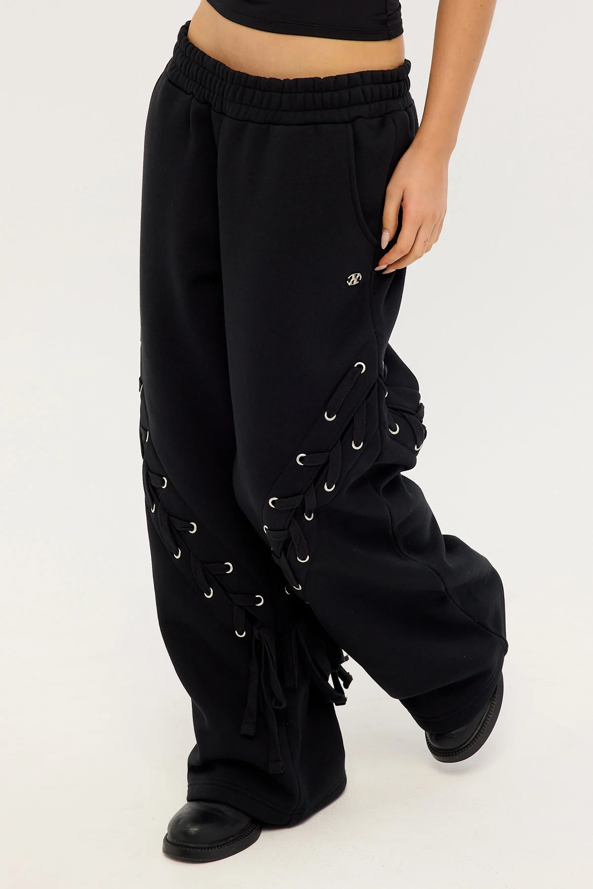 Neovision Lace Up Wide Leg Trackpant Black - Image 3