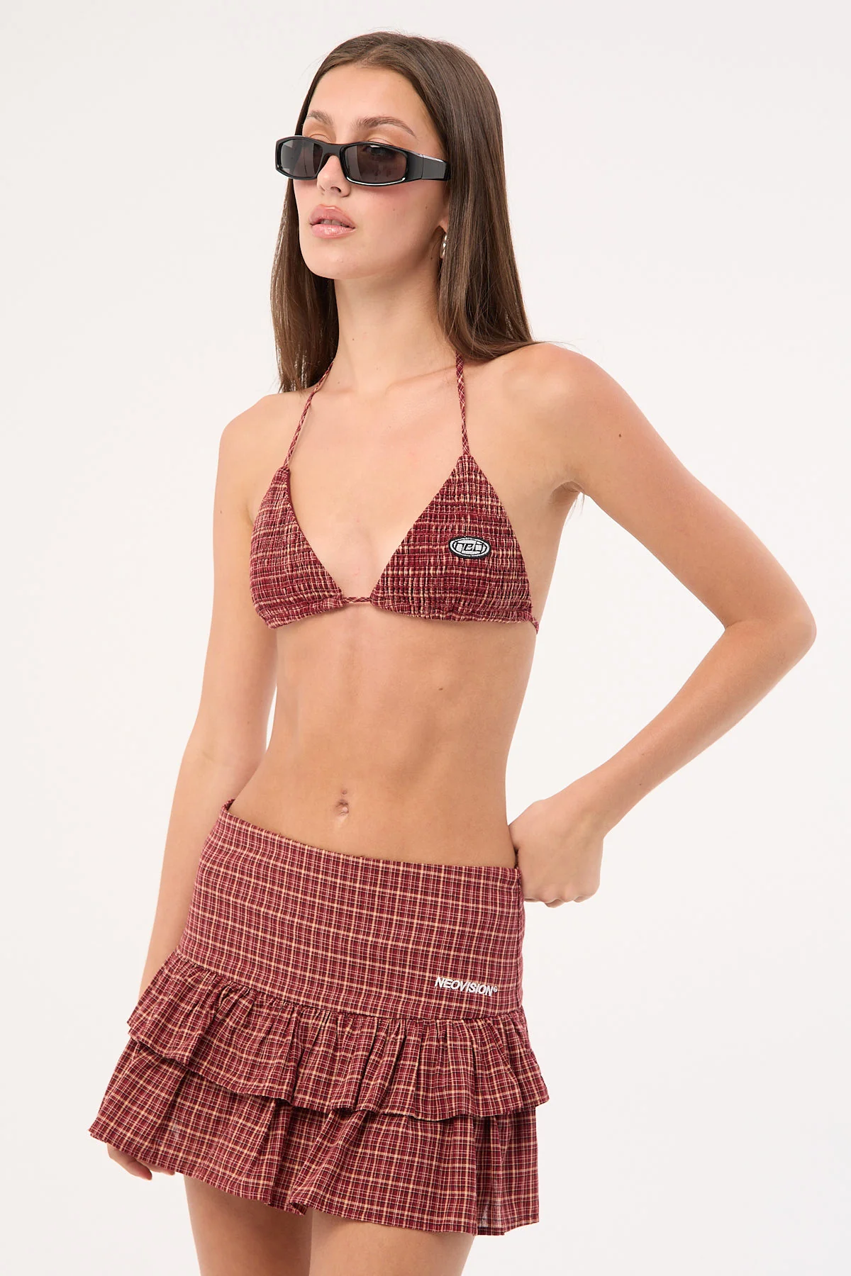 Neovision Nova Smocked Tie Up Bralette Burgundy Check