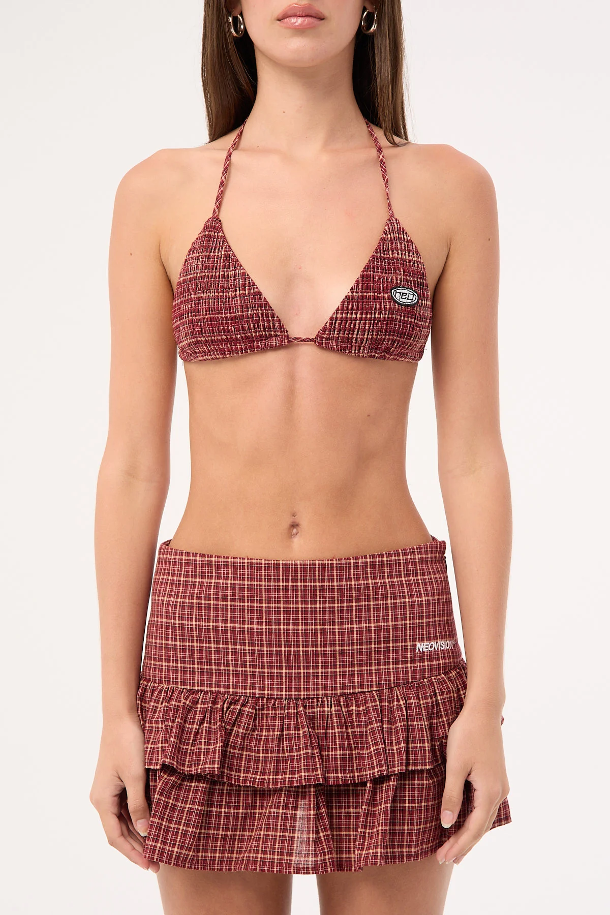 Neovision Nova Smocked Tie Up Bralette Burgundy Check - Image 7