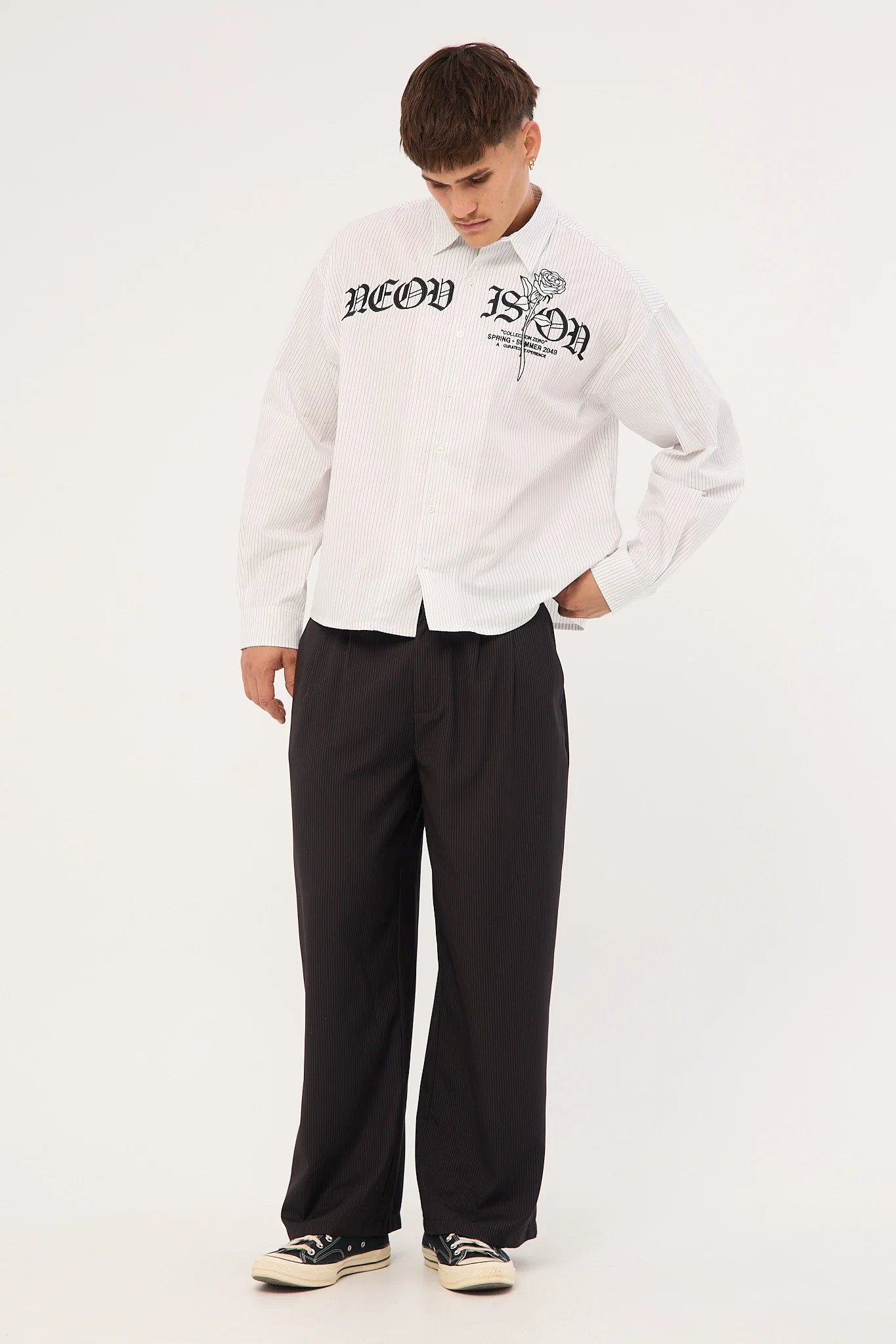Neovision Rosebud Oversize Cropped  Long Sleeve Shirt White/Black Stripe - Image 2