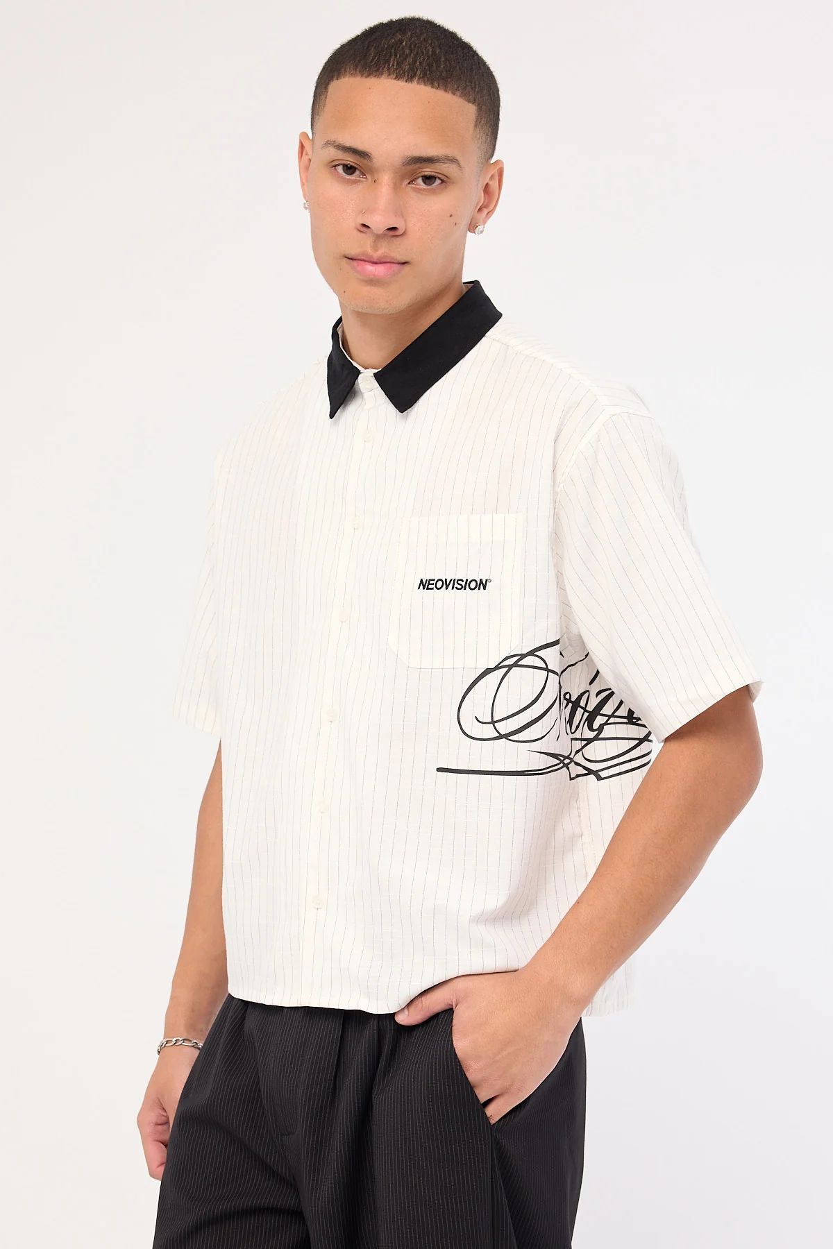 Neovision Scripture Oversize Cropped Shirt White Pinstripe