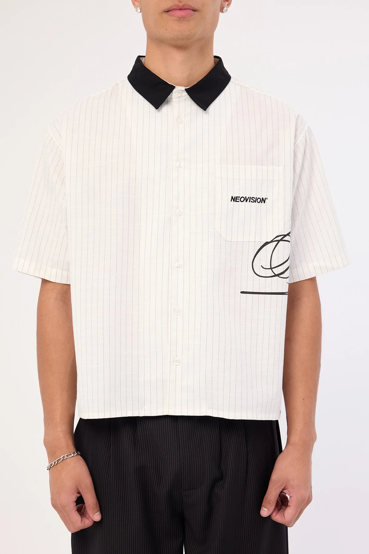 Neovision Scripture Oversize Cropped Shirt White Pinstripe - Image 8