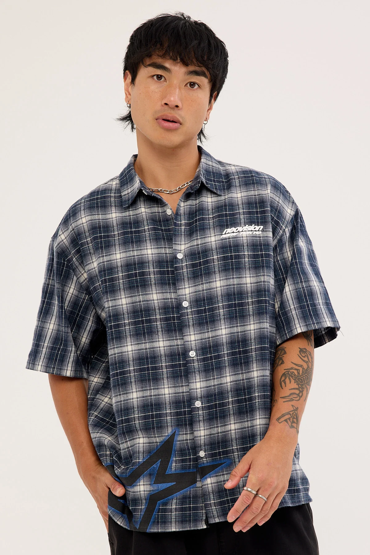 Neovision Stratus Flannel Oversize Shirt Navy Check - Image 3