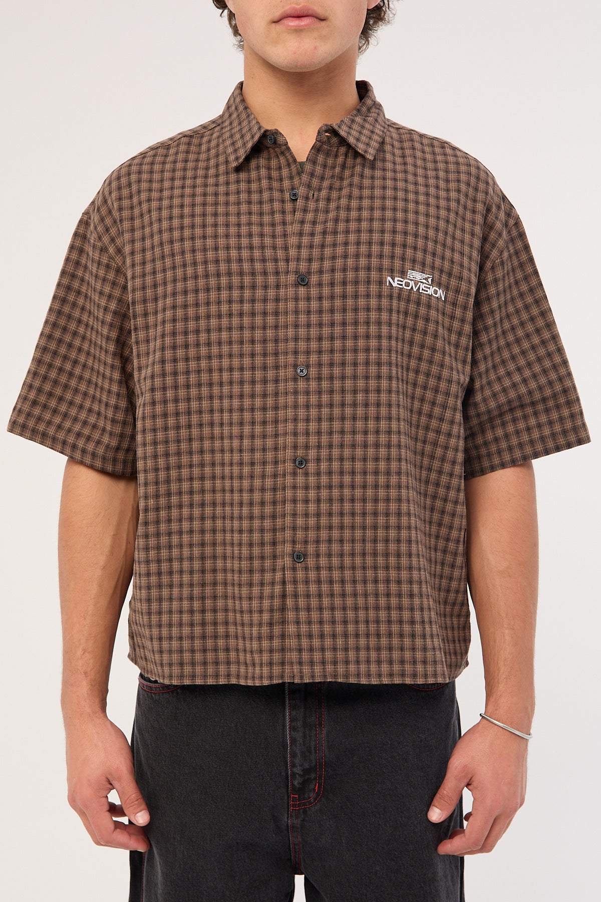 Neovision Tribal Oversize Cropped Shirt Brown Check - Image 9