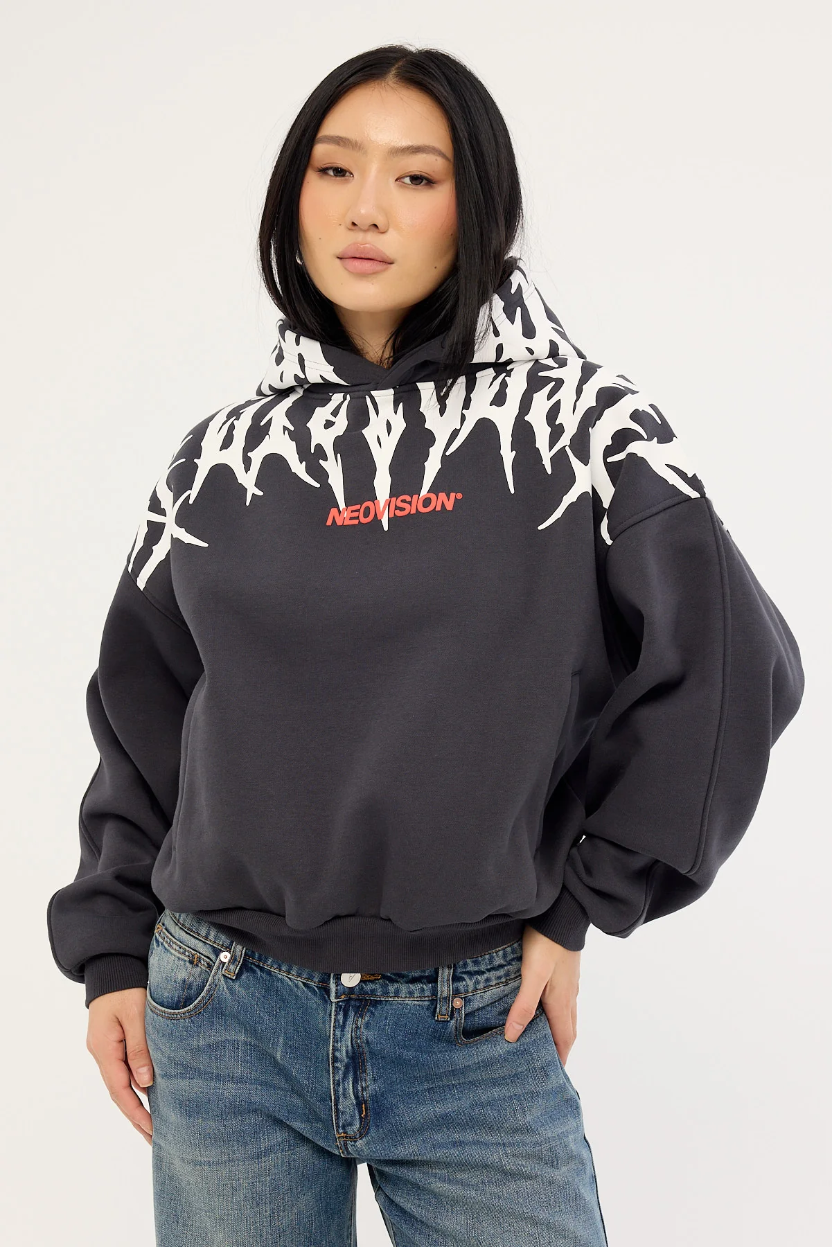 Neovision Virus Cropped Oversized Hoodie Washed Black