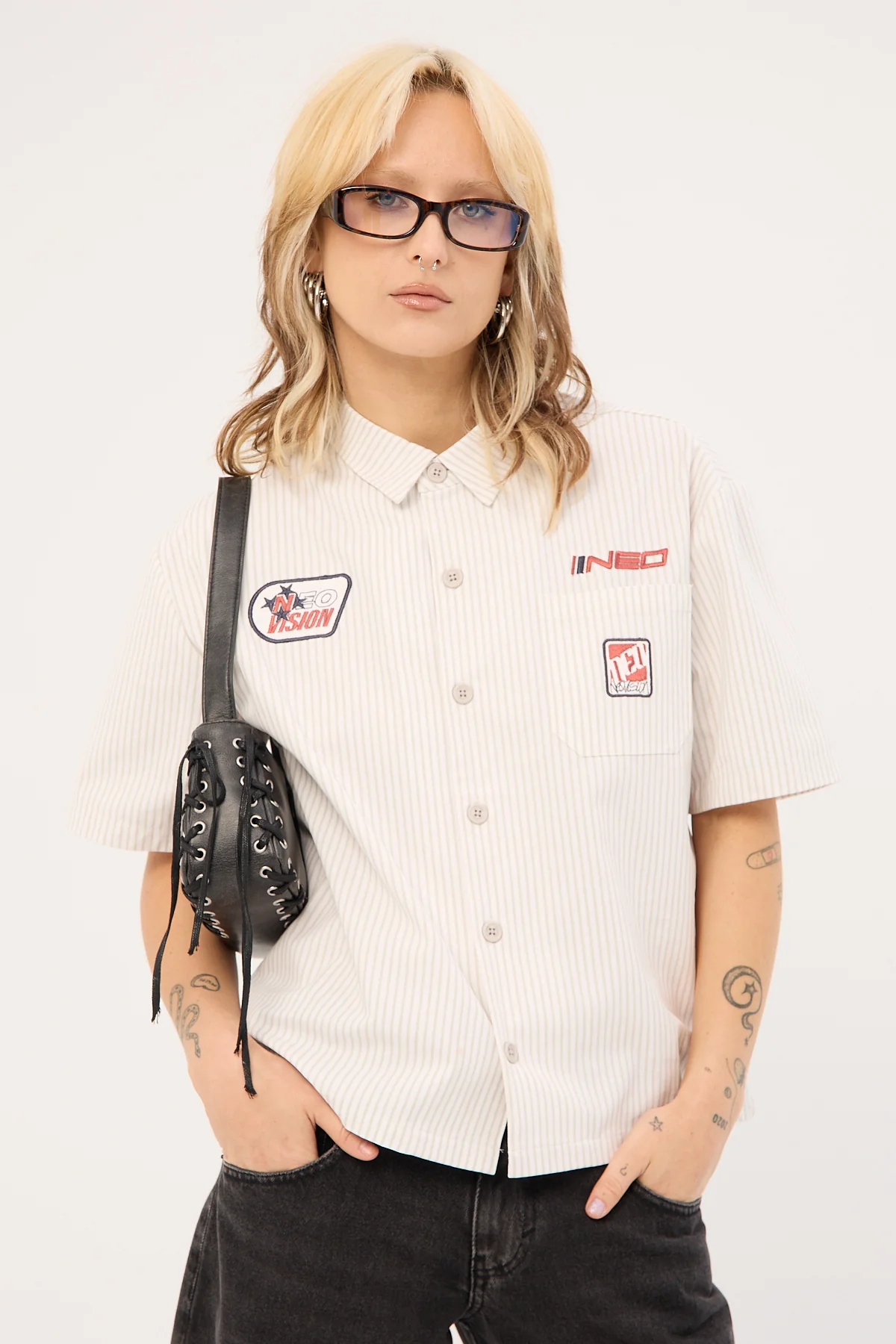 Neovision Zephyr Cropped Oversize Short Sleeve Shirt Grey Stripe - Image 5