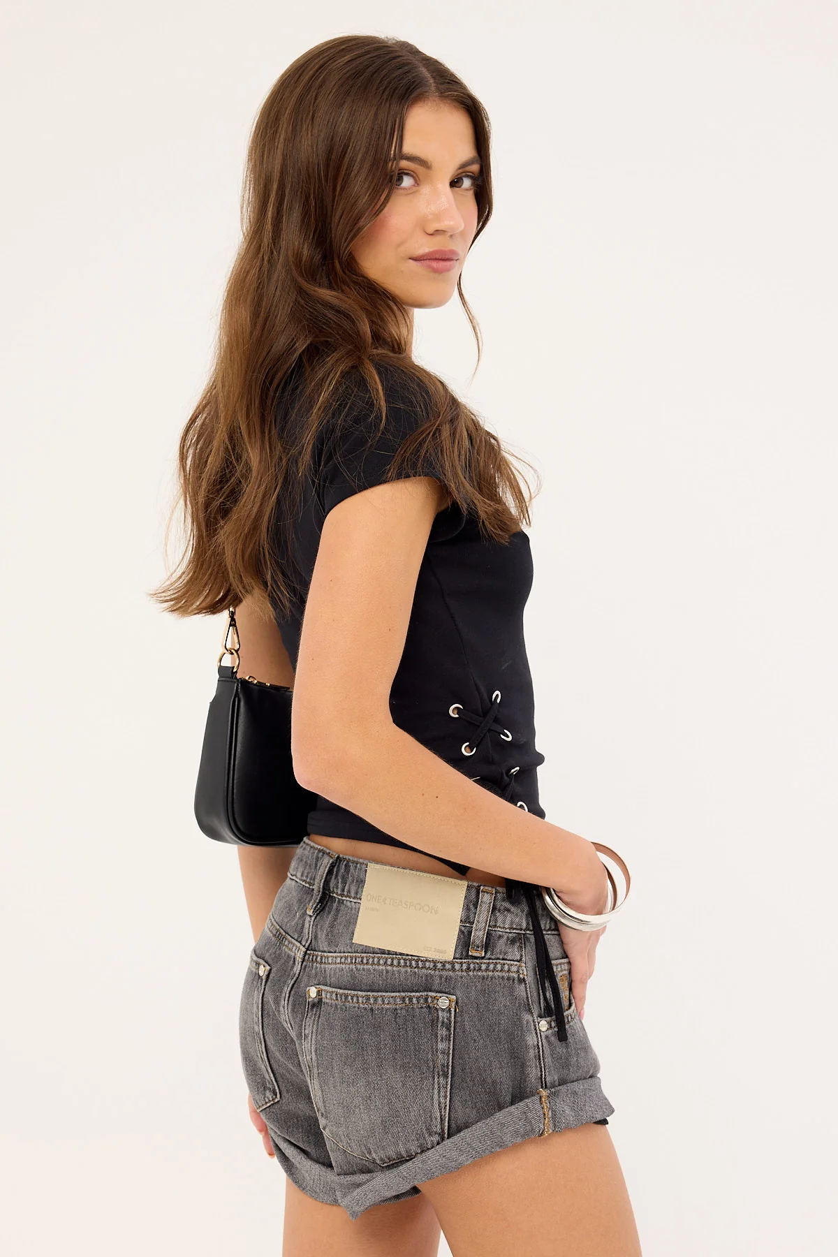 One Teaspoon Bandits Low Waist Denim Shorts Charcoal - Image 4