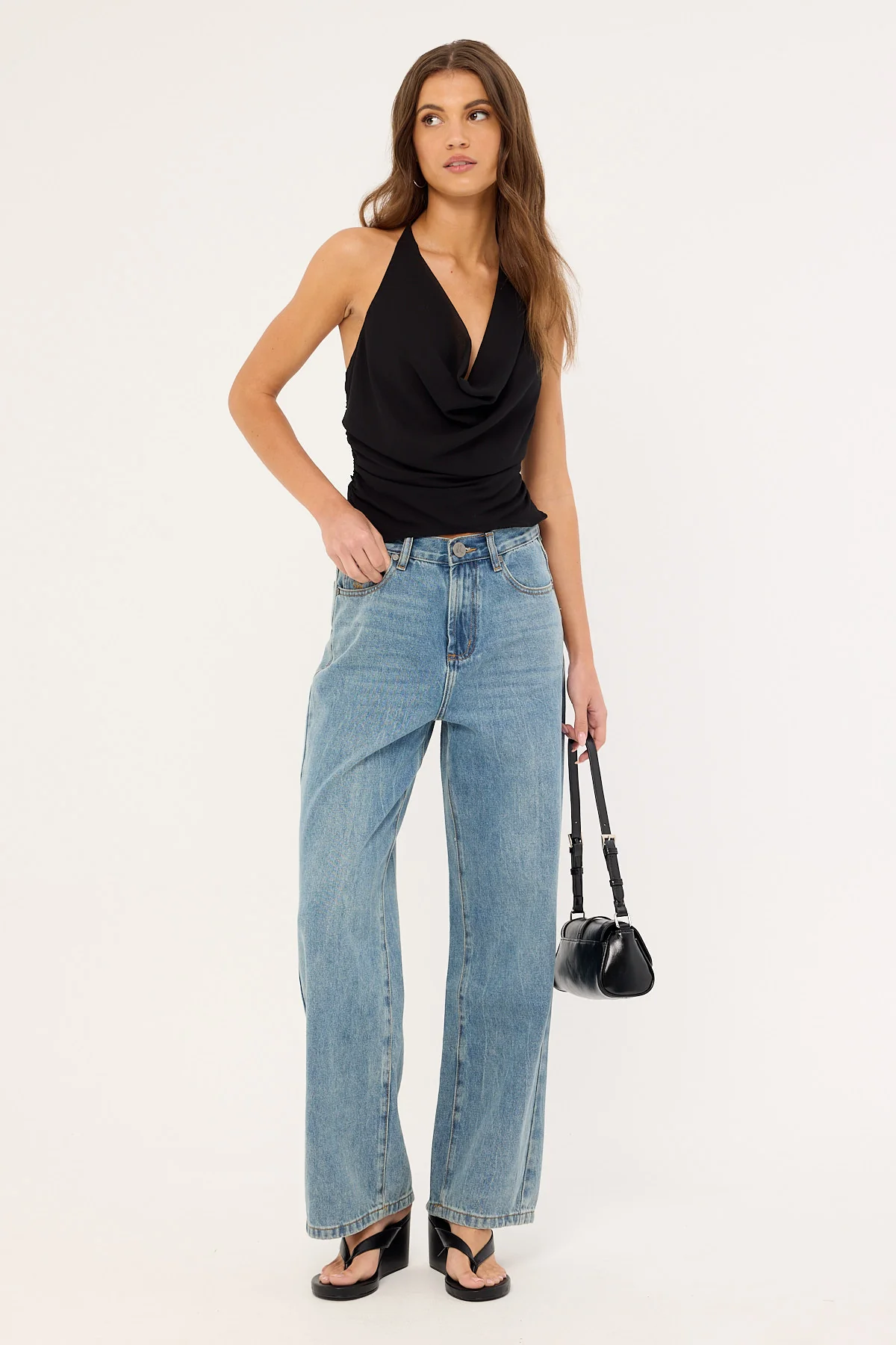 One Teaspoon Baxters Mid Waist Wide Leg Denim Jeans Blue Crush