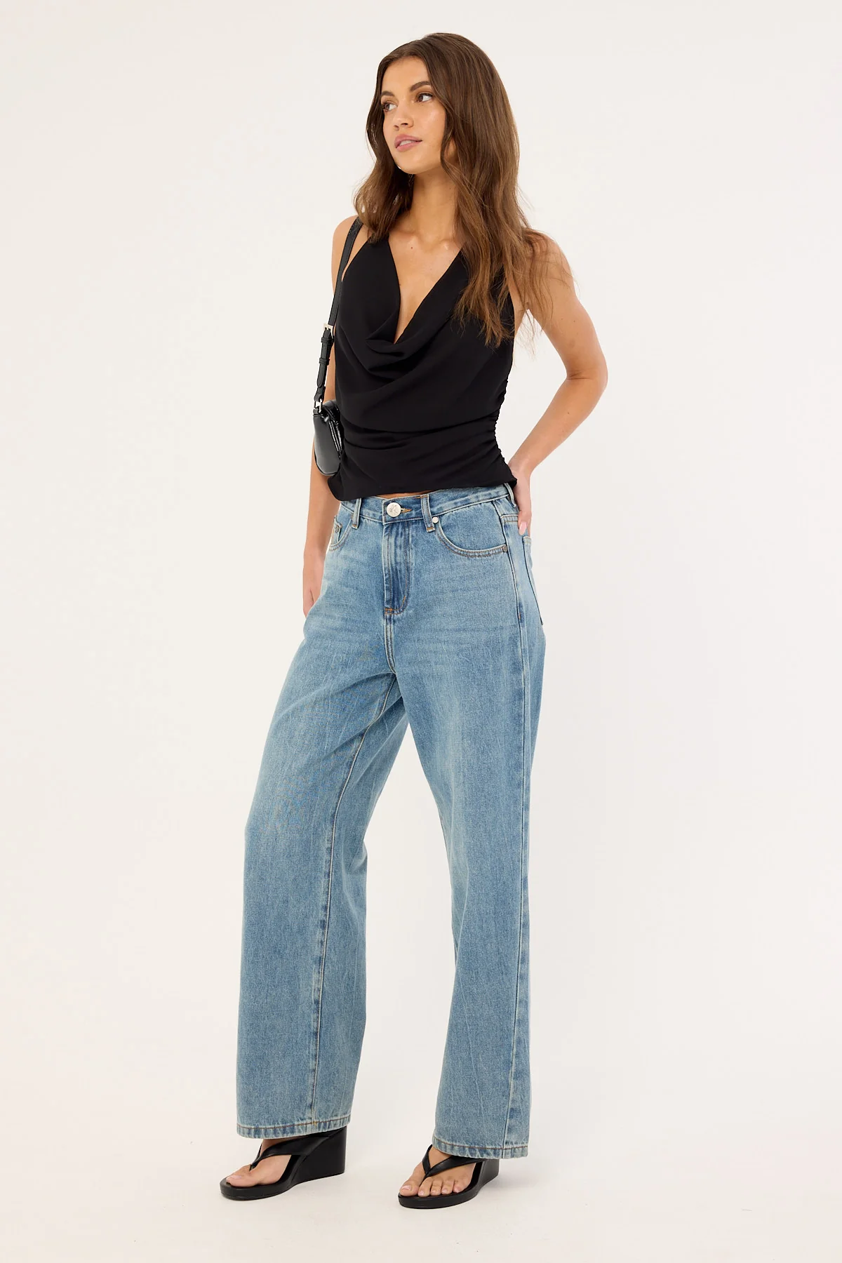One Teaspoon Baxters Mid Waist Wide Leg Denim Jeans Blue Crush - Image 4