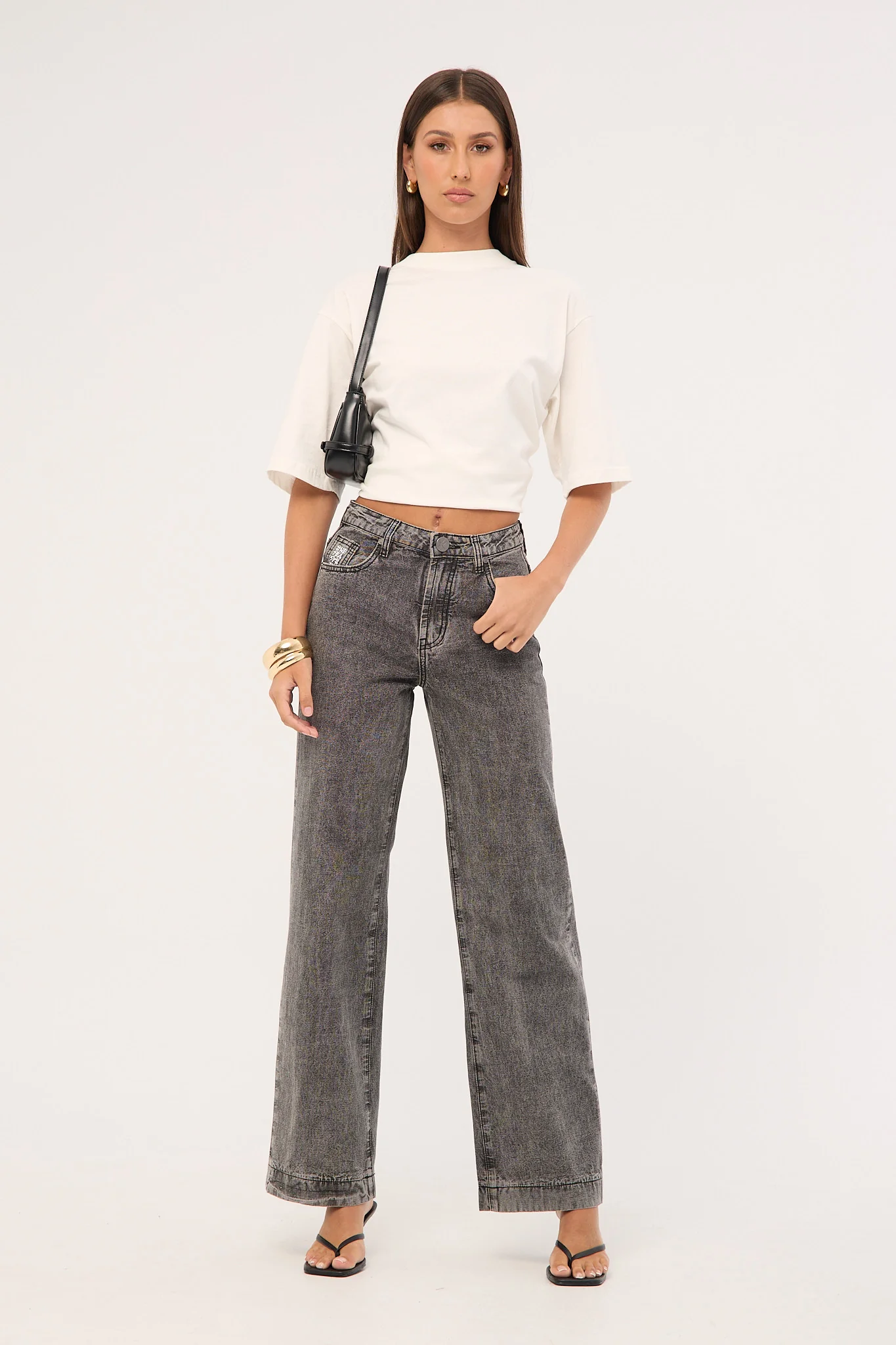 One Teaspoon Jackson Mid Waist Wide Leg Denim Jeans Rocco Grey Black