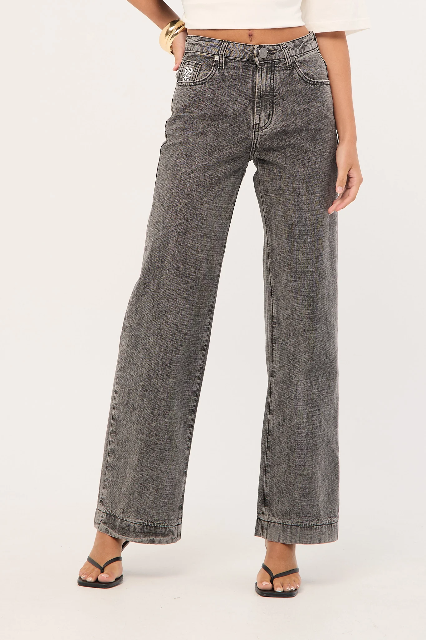 One Teaspoon Jackson Mid Waist Wide Leg Denim Jeans Rocco Grey Black - Image 2