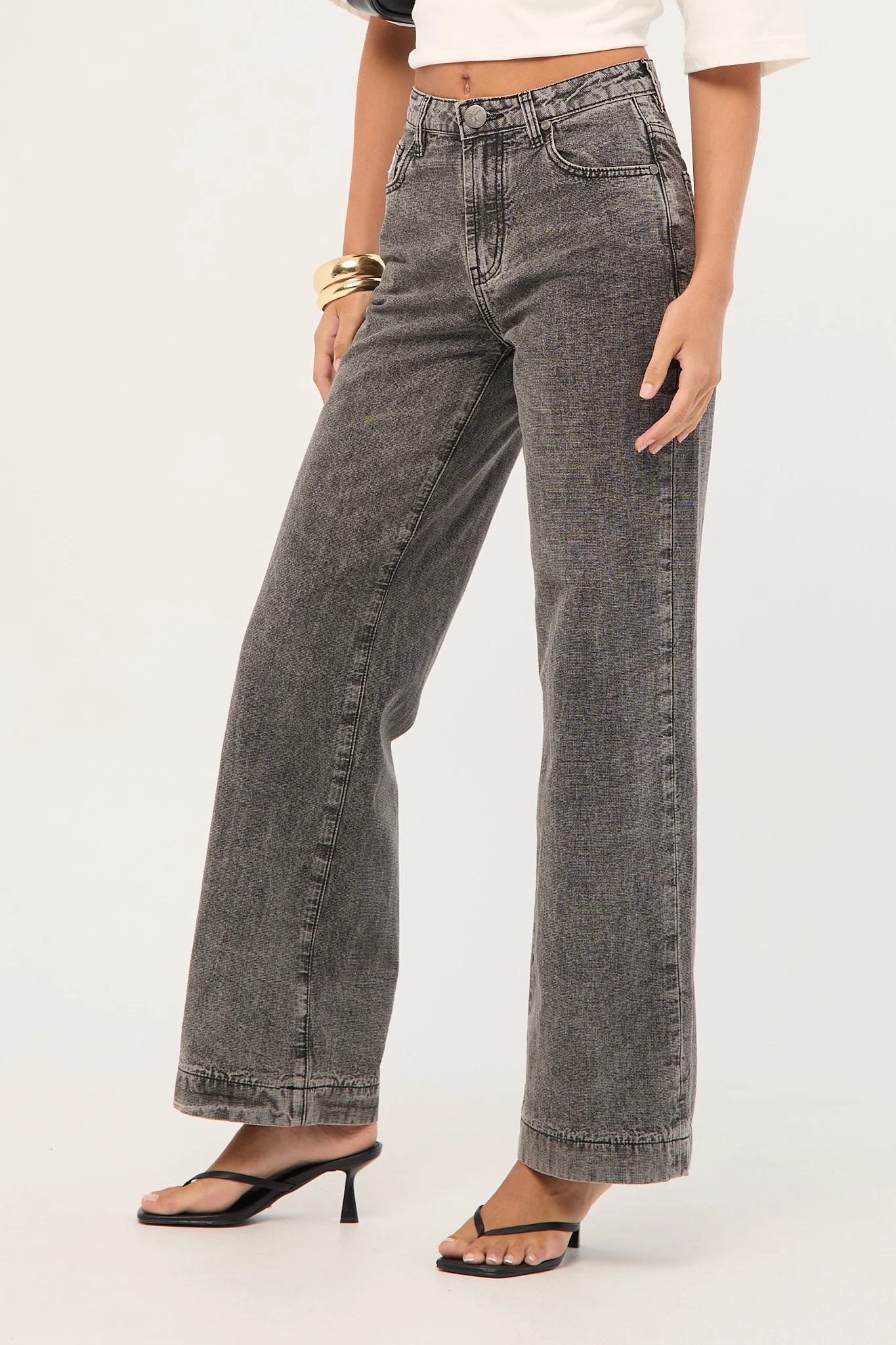 One Teaspoon Jackson Mid Waist Wide Leg Denim Jeans Rocco Grey Black - Image 4