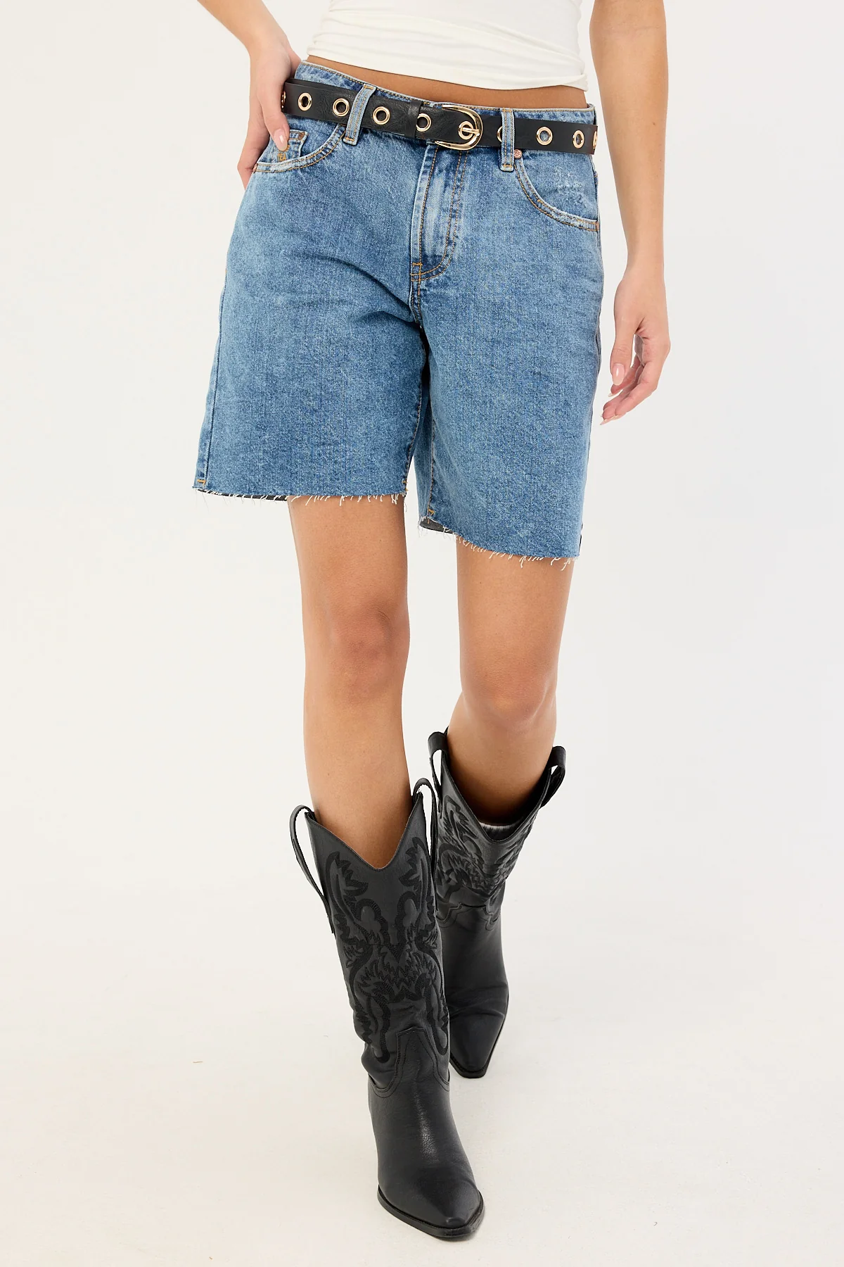 One Teaspoon Jacksons Mid Waist Wide Leg Denim Shorts Hoodlum Blue - Image 2