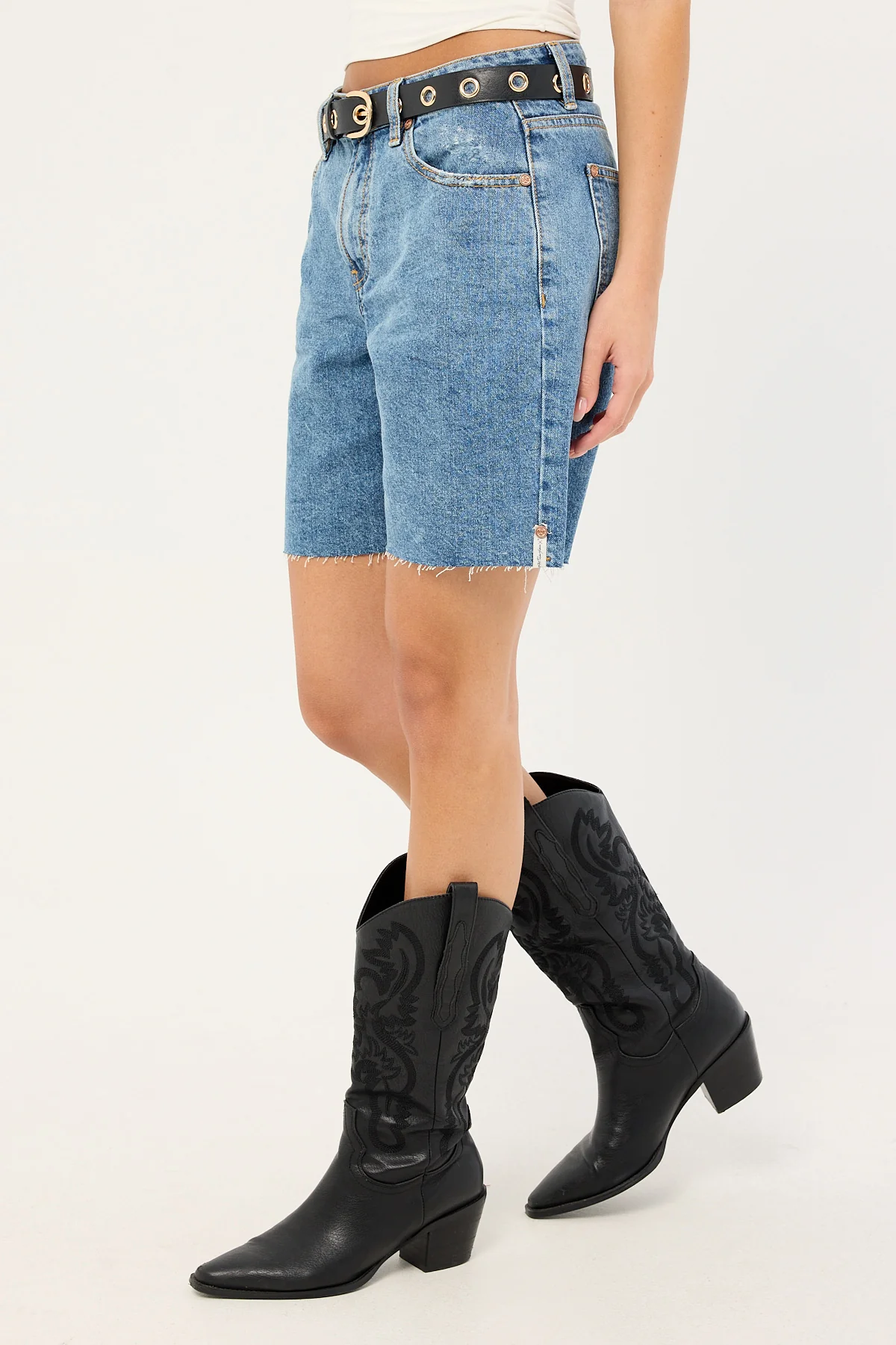 One Teaspoon Jacksons Mid Waist Wide Leg Denim Shorts Hoodlum Blue - Image 3