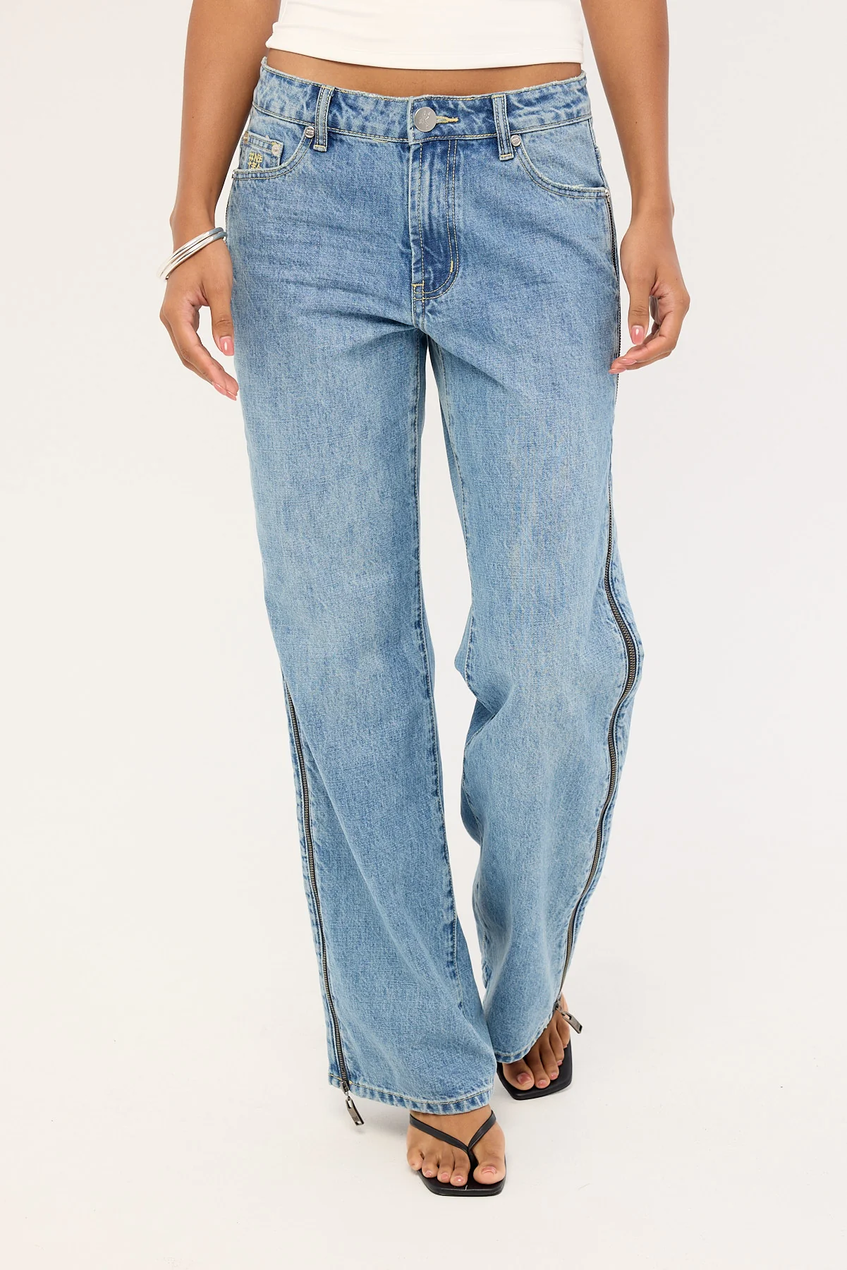 One Teaspoon Low Riders Low Waist Wide Leg Zipped Denim Jeans Pretty Blue - Image 2