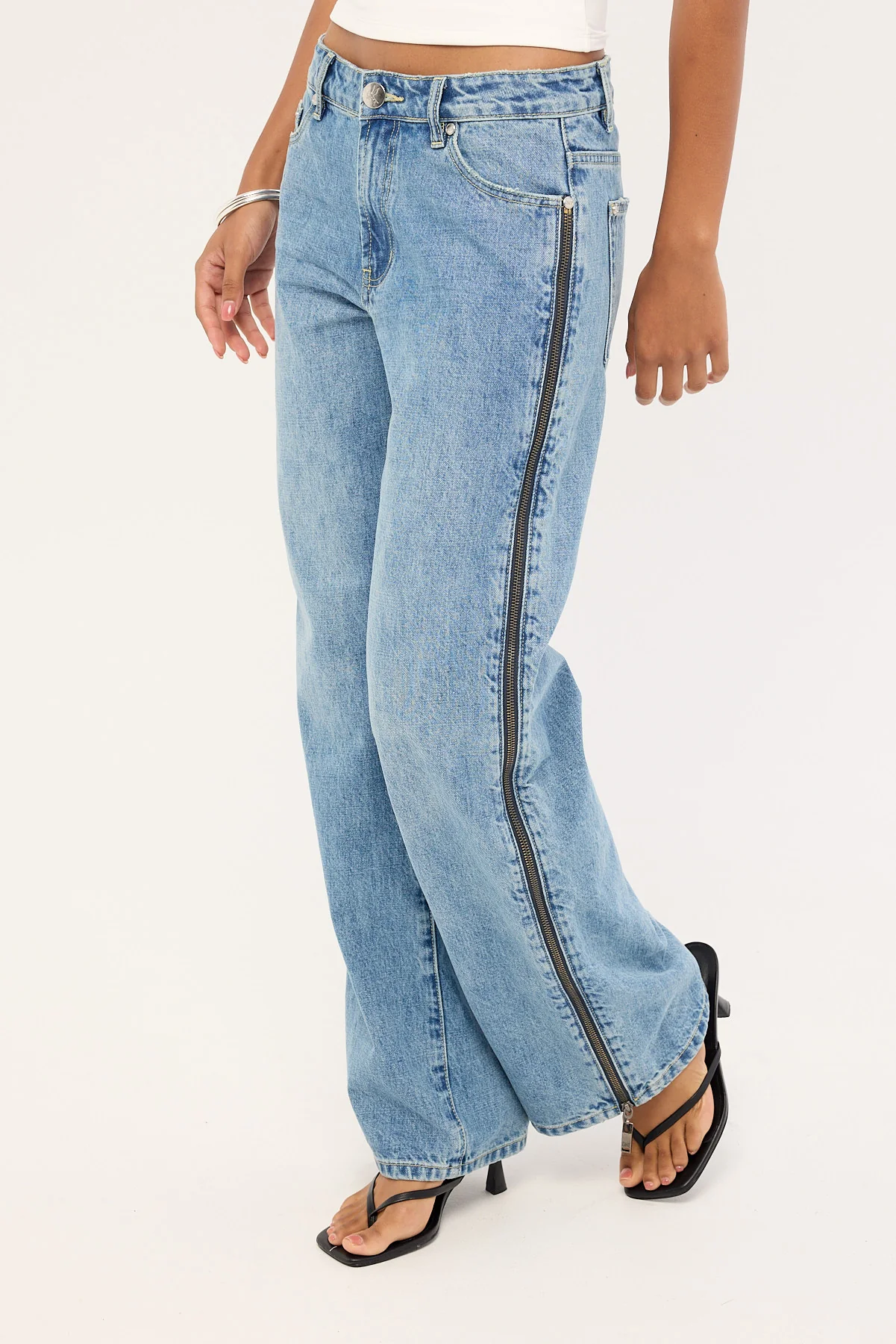 One Teaspoon Low Riders Low Waist Wide Leg Zipped Denim Jeans Pretty Blue - Image 5