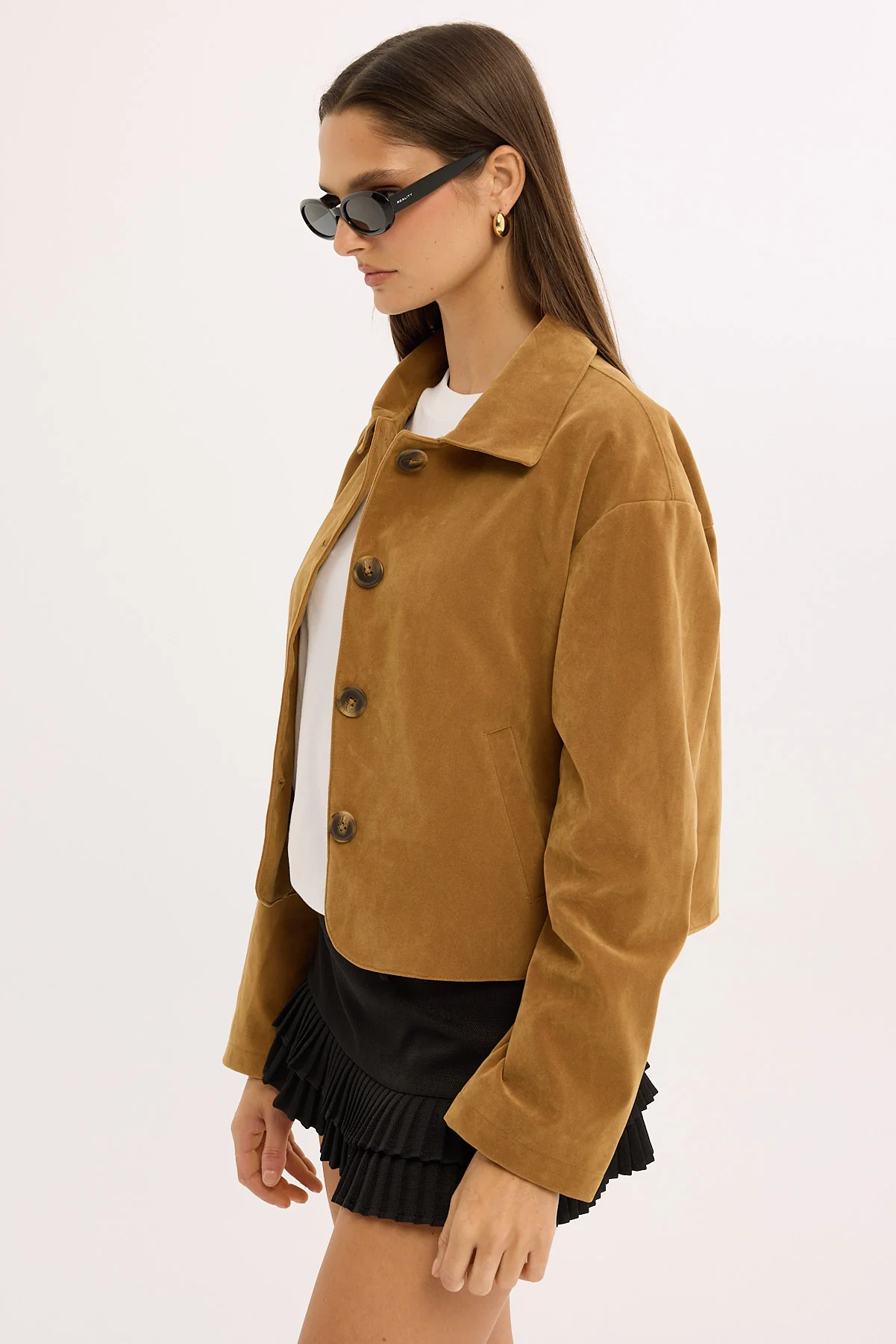 Perfect Stranger Amelie PU Suede Crop Jacket Tan - Image 6
