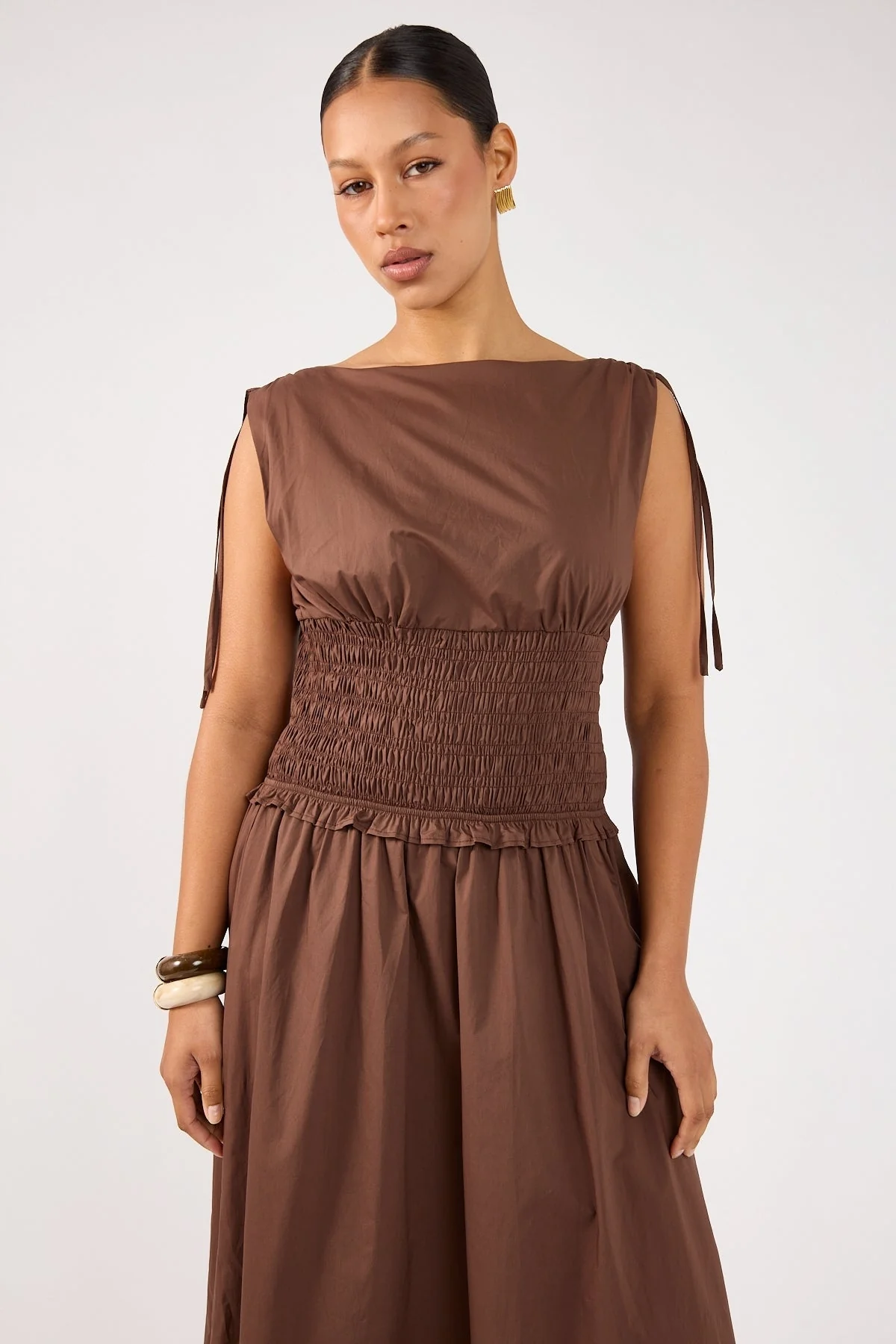 Perfect Stranger Bello Shirred Boat Neck Maxi Dress Brown - Image 2