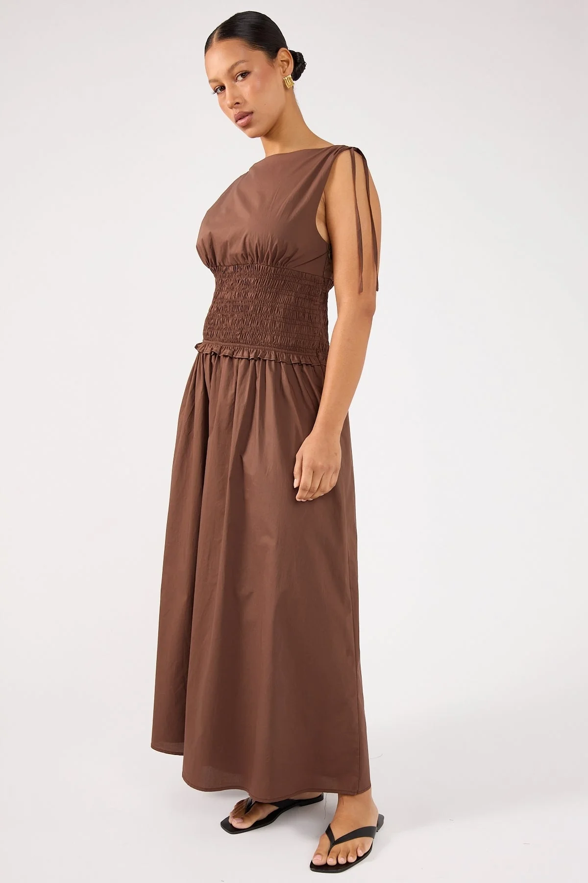 Perfect Stranger Bello Shirred Boat Neck Maxi Dress Brown - Image 3