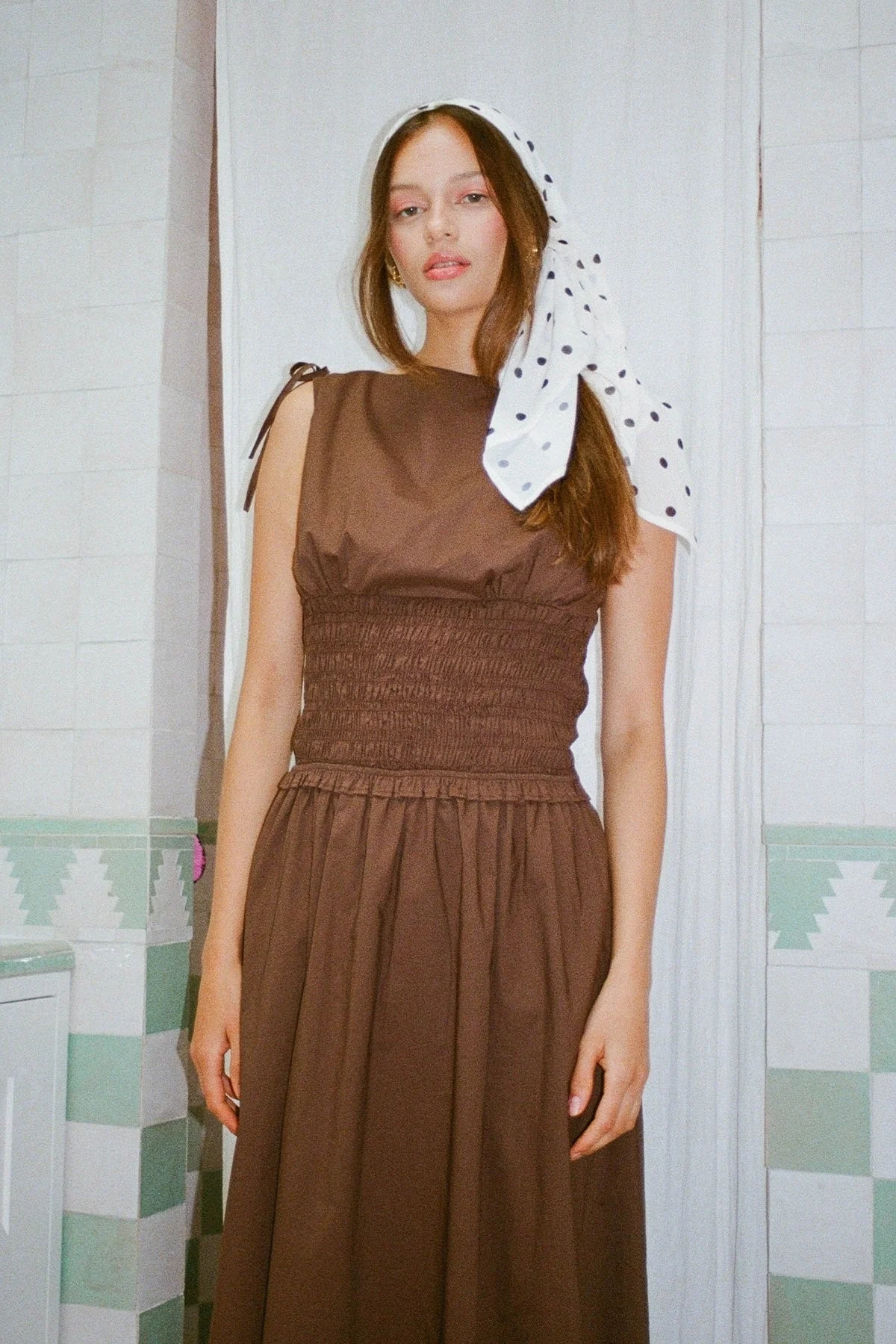 Perfect Stranger Bello Shirred Boat Neck Maxi Dress Brown - Image 5