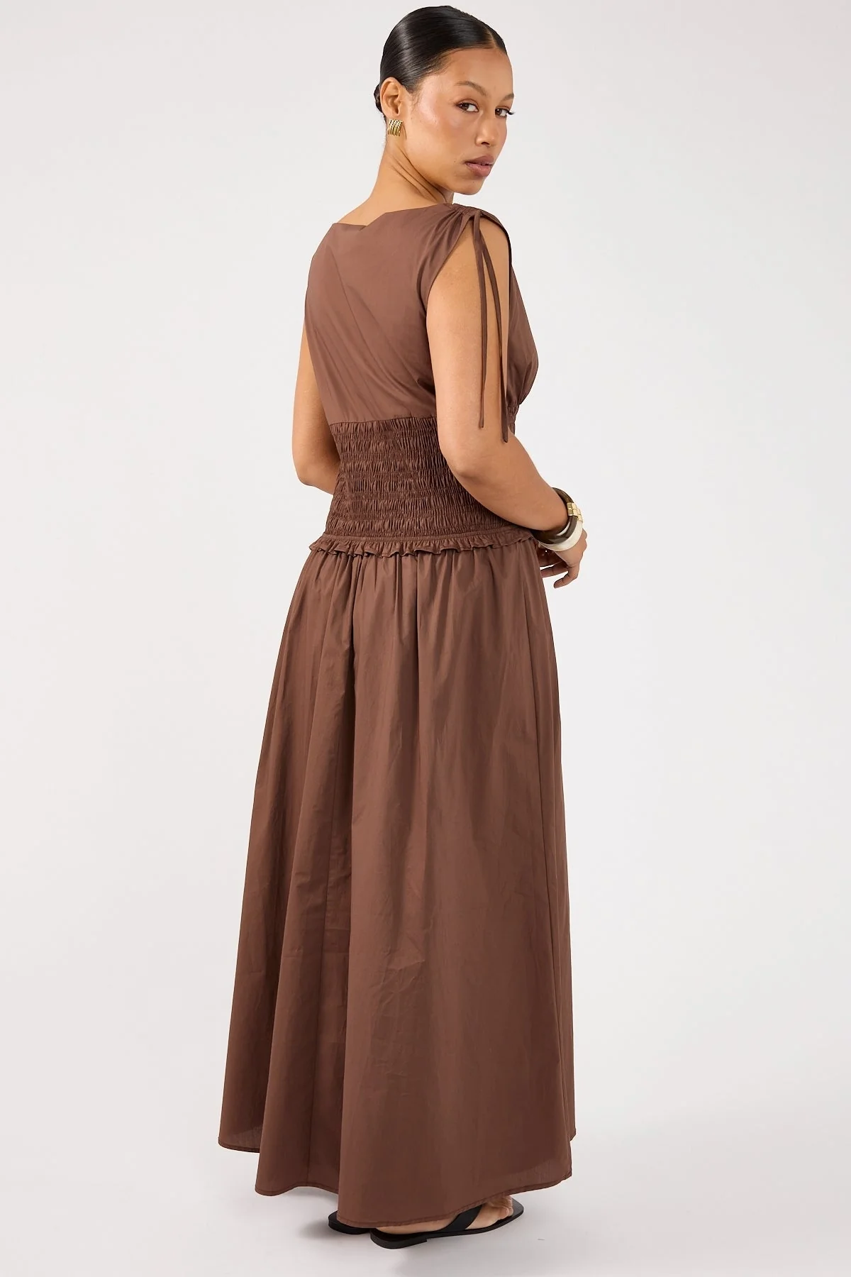 Perfect Stranger Bello Shirred Boat Neck Maxi Dress Brown - Image 6