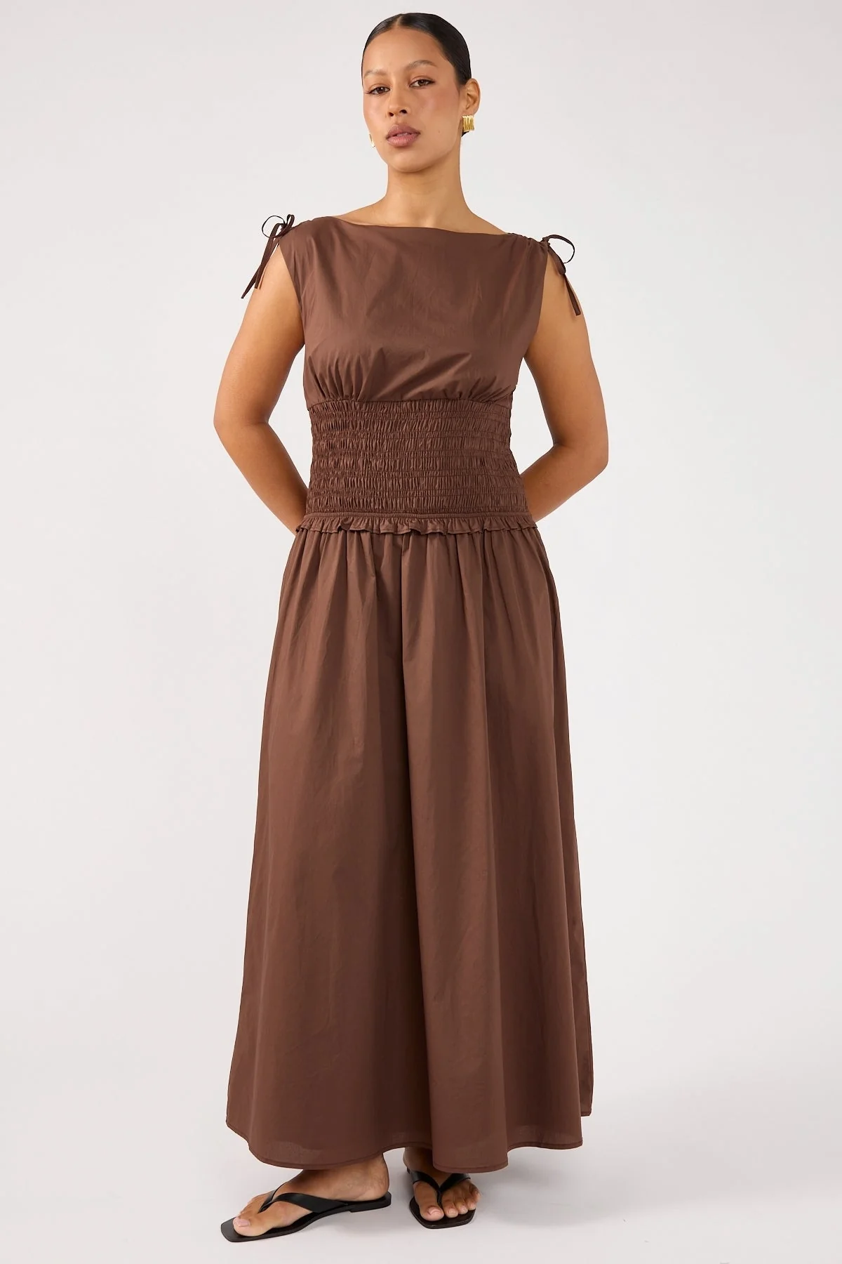 Perfect Stranger Bello Shirred Boat Neck Maxi Dress Brown - Image 7
