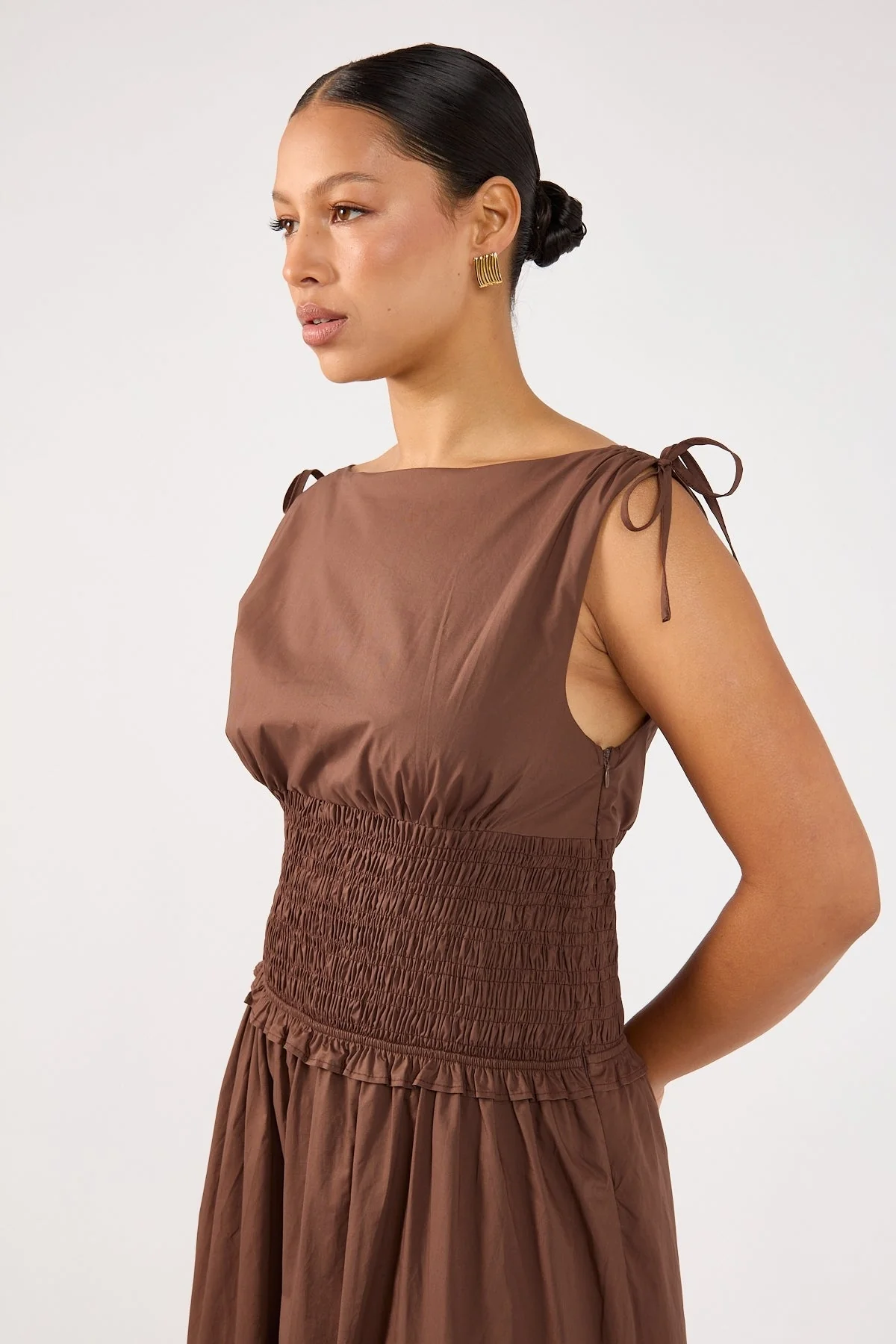 Perfect Stranger Bello Shirred Boat Neck Maxi Dress Brown - Image 8