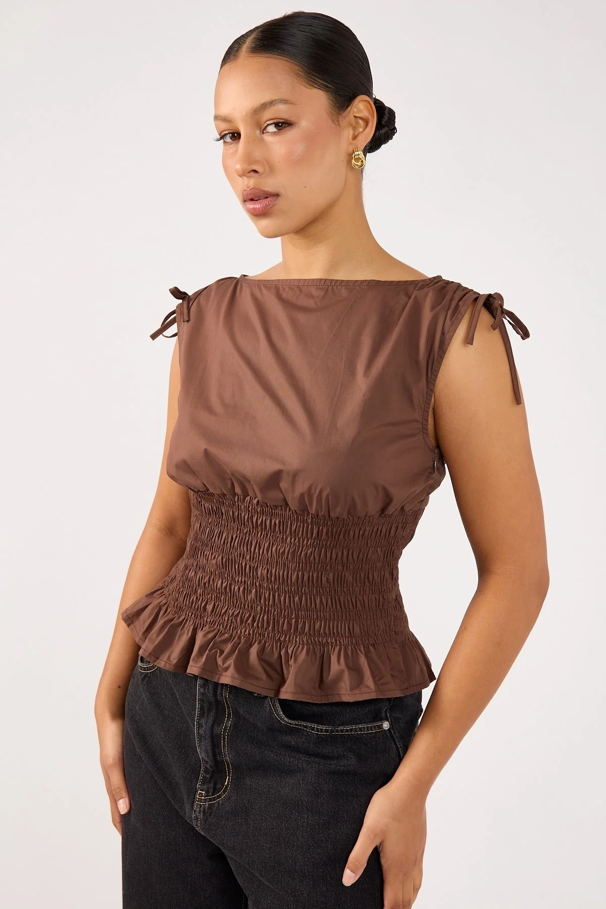 Perfect Stranger Bello Shirred Boat Neck Top Brown - Image 2