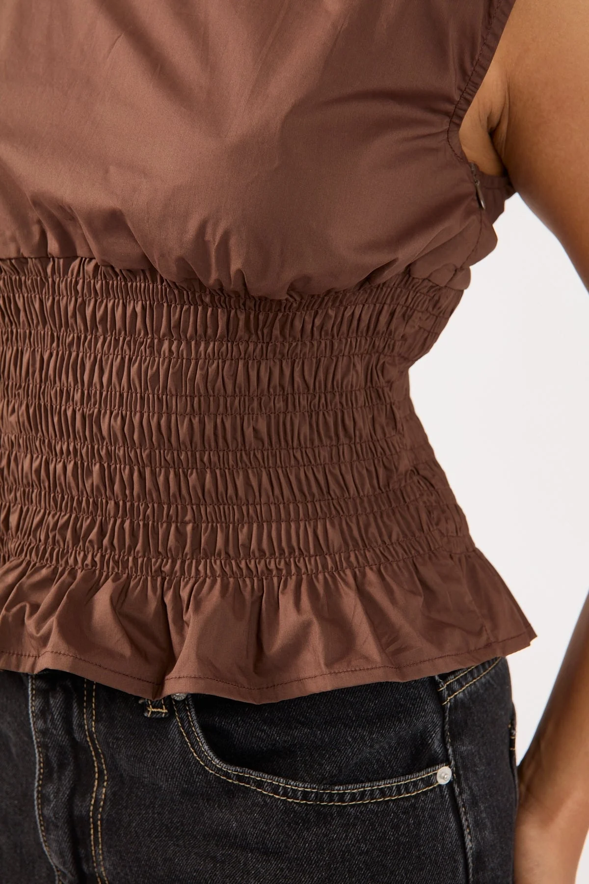 Perfect Stranger Bello Shirred Boat Neck Top Brown - Image 3