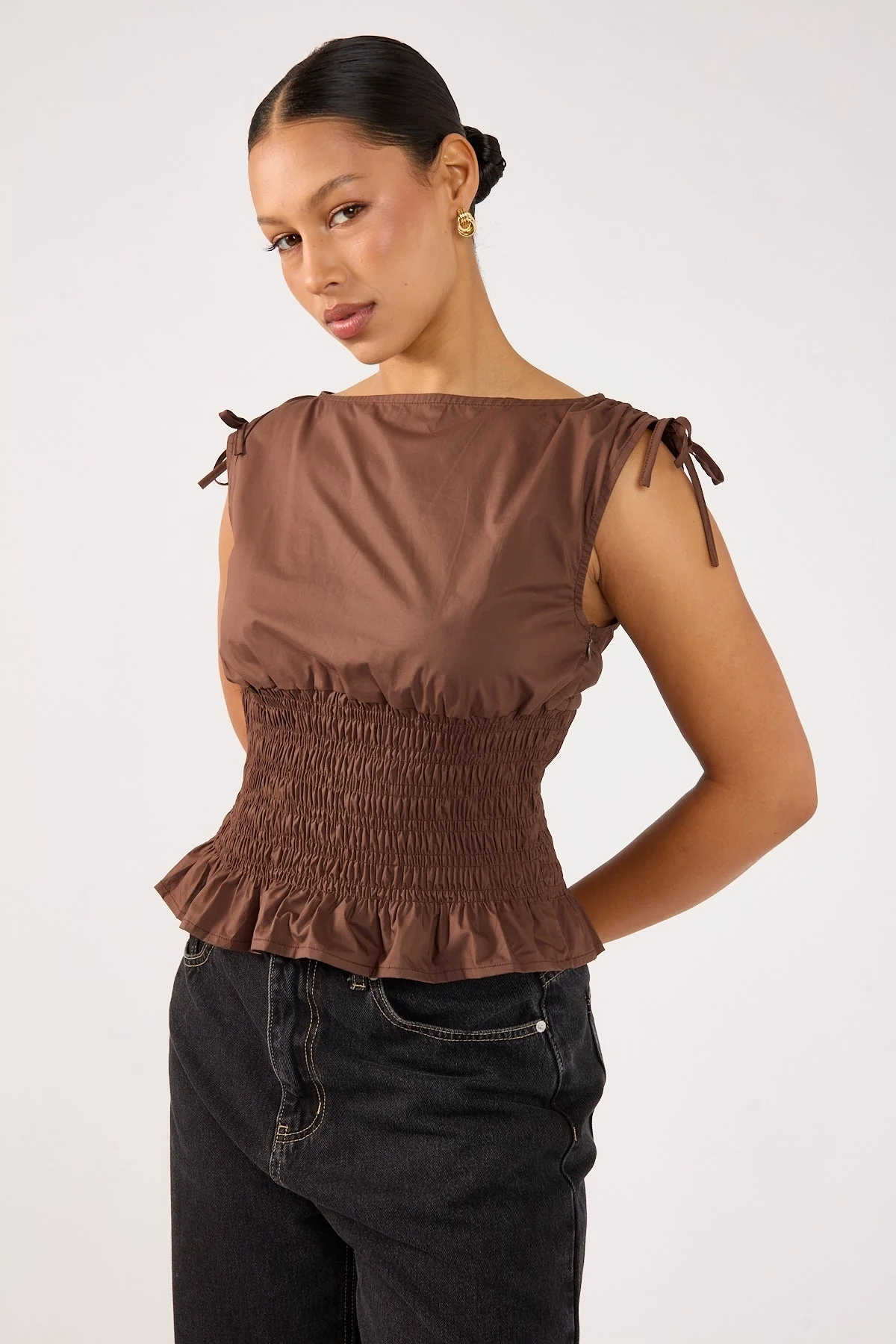 Perfect Stranger Bello Shirred Boat Neck Top Brown - Image 4