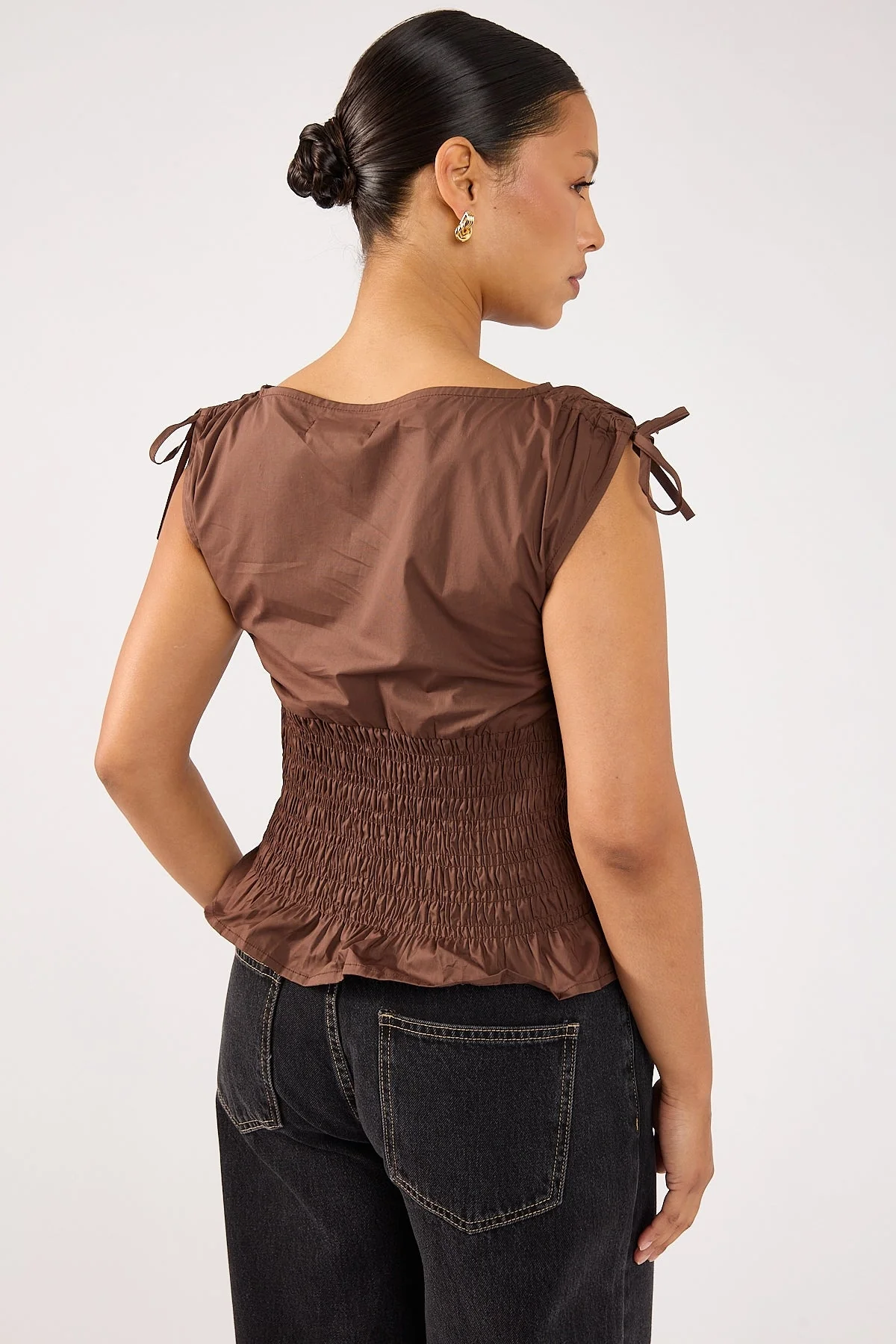 Perfect Stranger Bello Shirred Boat Neck Top Brown - Image 5