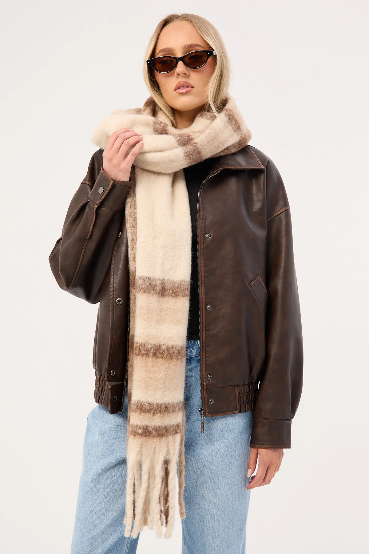 Perfect Stranger Check Plush Oversized Knit Scarf Brown Print - Image 3