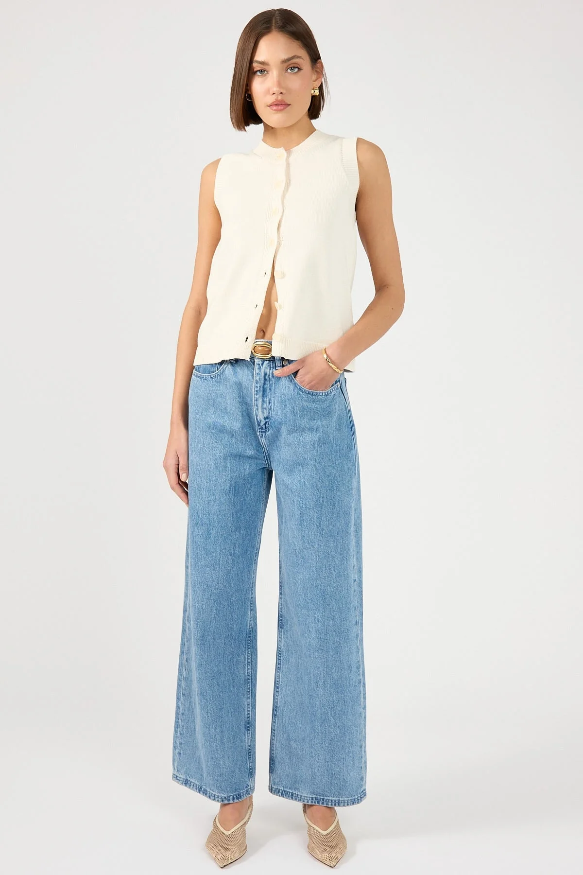 Perfect Stranger Connie Button Up Sleeveless Vest Bone - Image 2