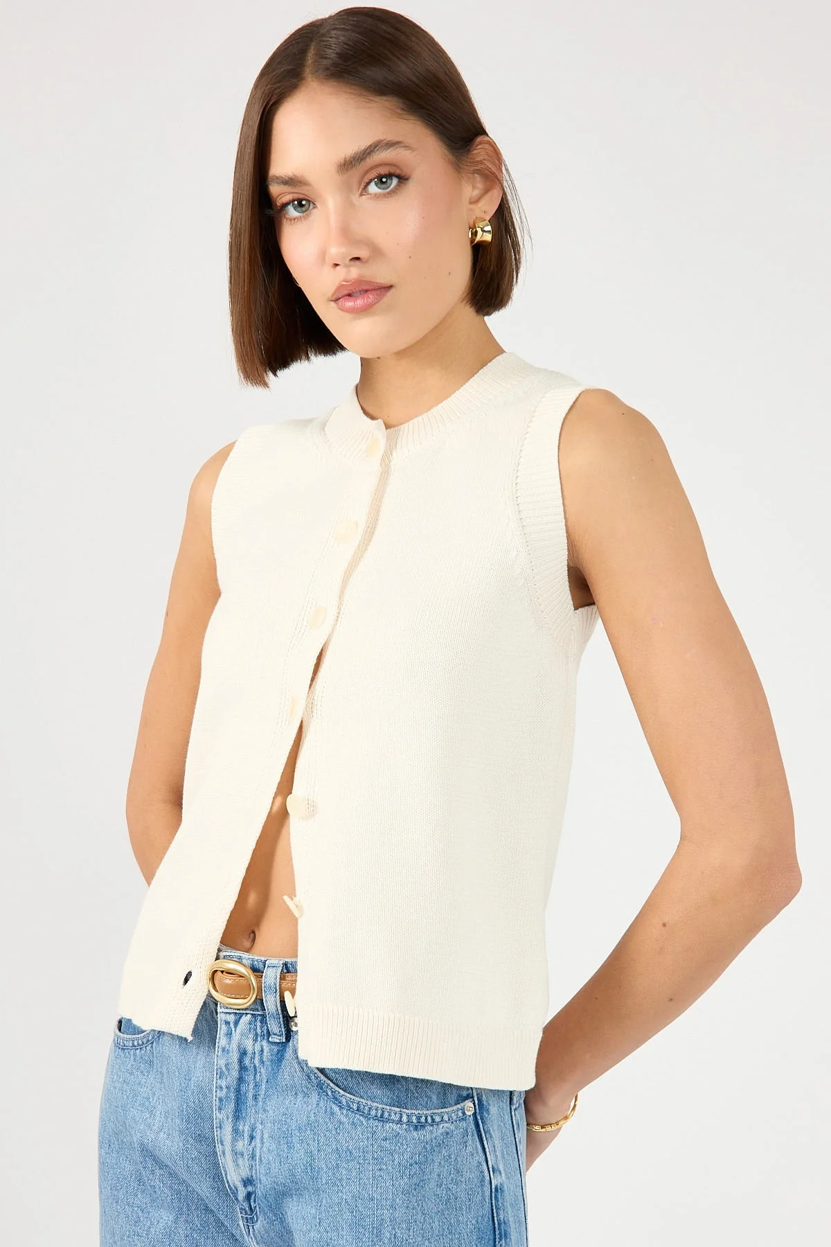 Perfect Stranger Connie Button Up Sleeveless Vest Bone - Image 3