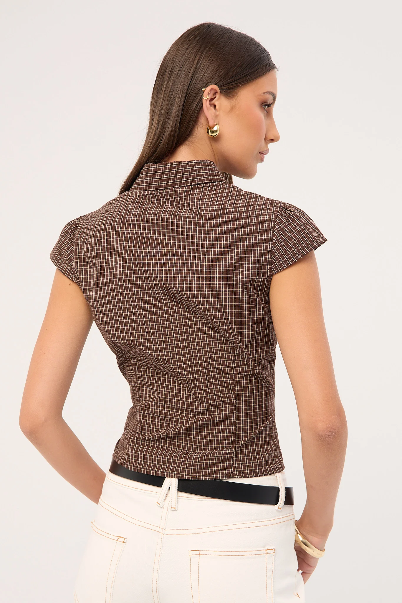 Perfect Stranger Drew Fitted Short Sleeve Shirt Brown Check - Image 6