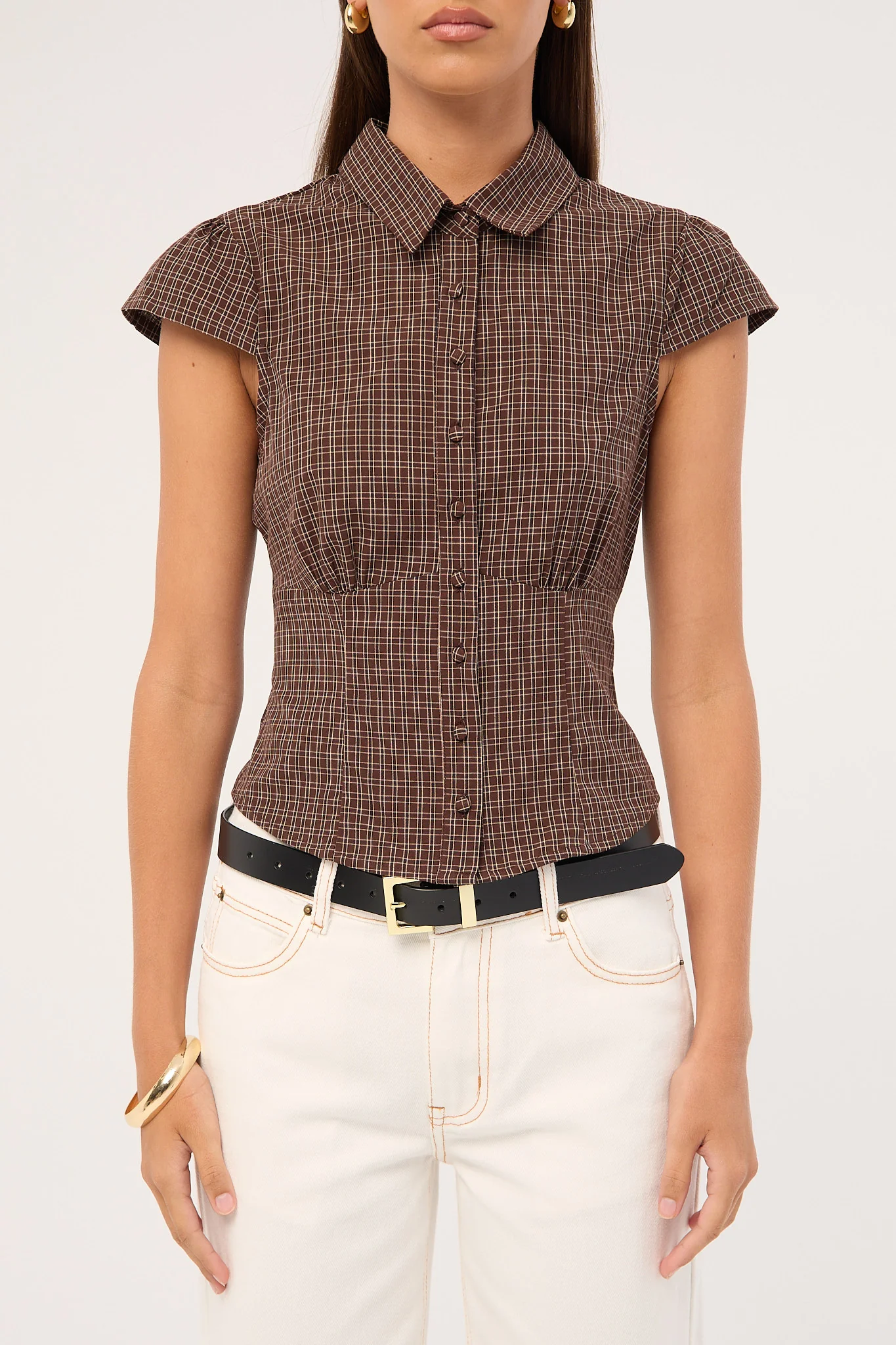 Perfect Stranger Drew Fitted Short Sleeve Shirt Brown Check - Image 8