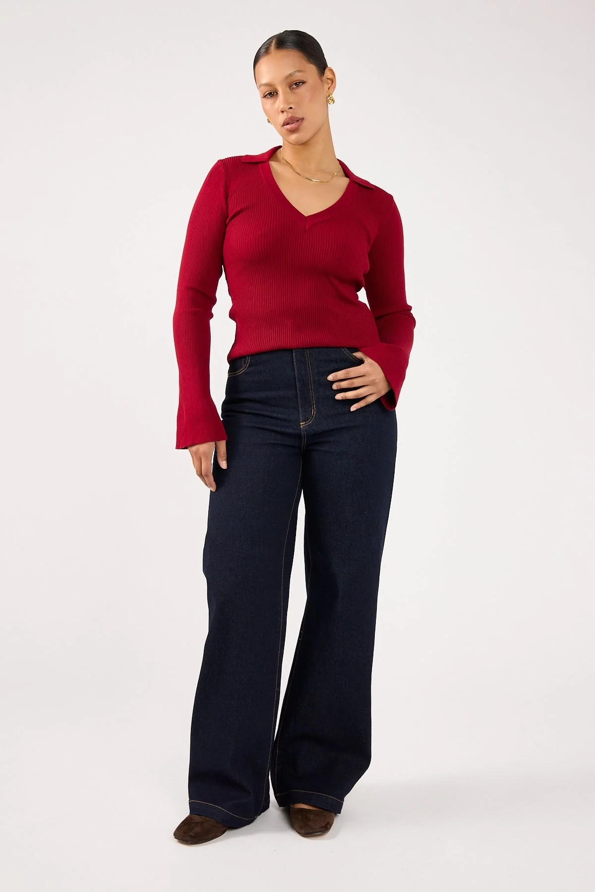Perfect Stranger Fiorelle Knitted Long Sleeve Polo Burgundy