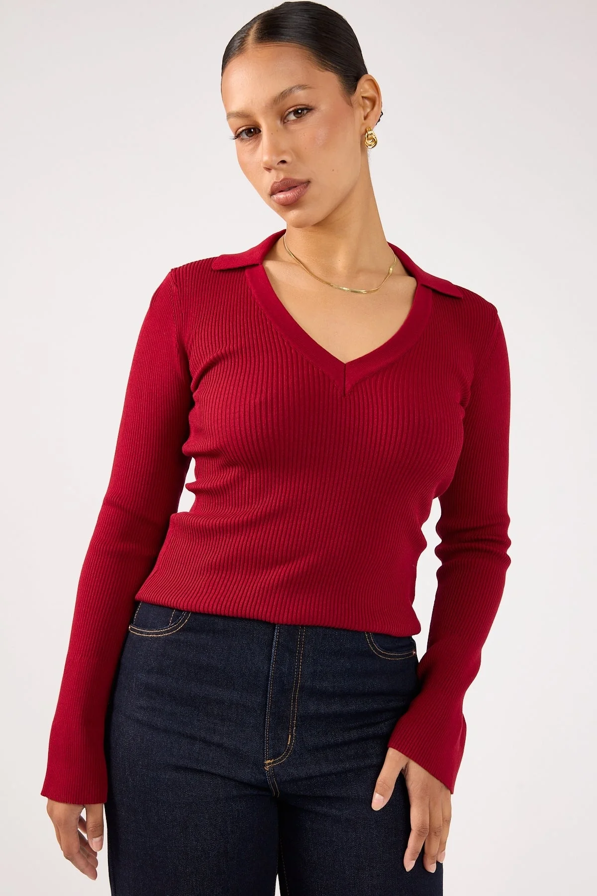 Perfect Stranger Fiorelle Knitted Long Sleeve Polo Burgundy - Image 2