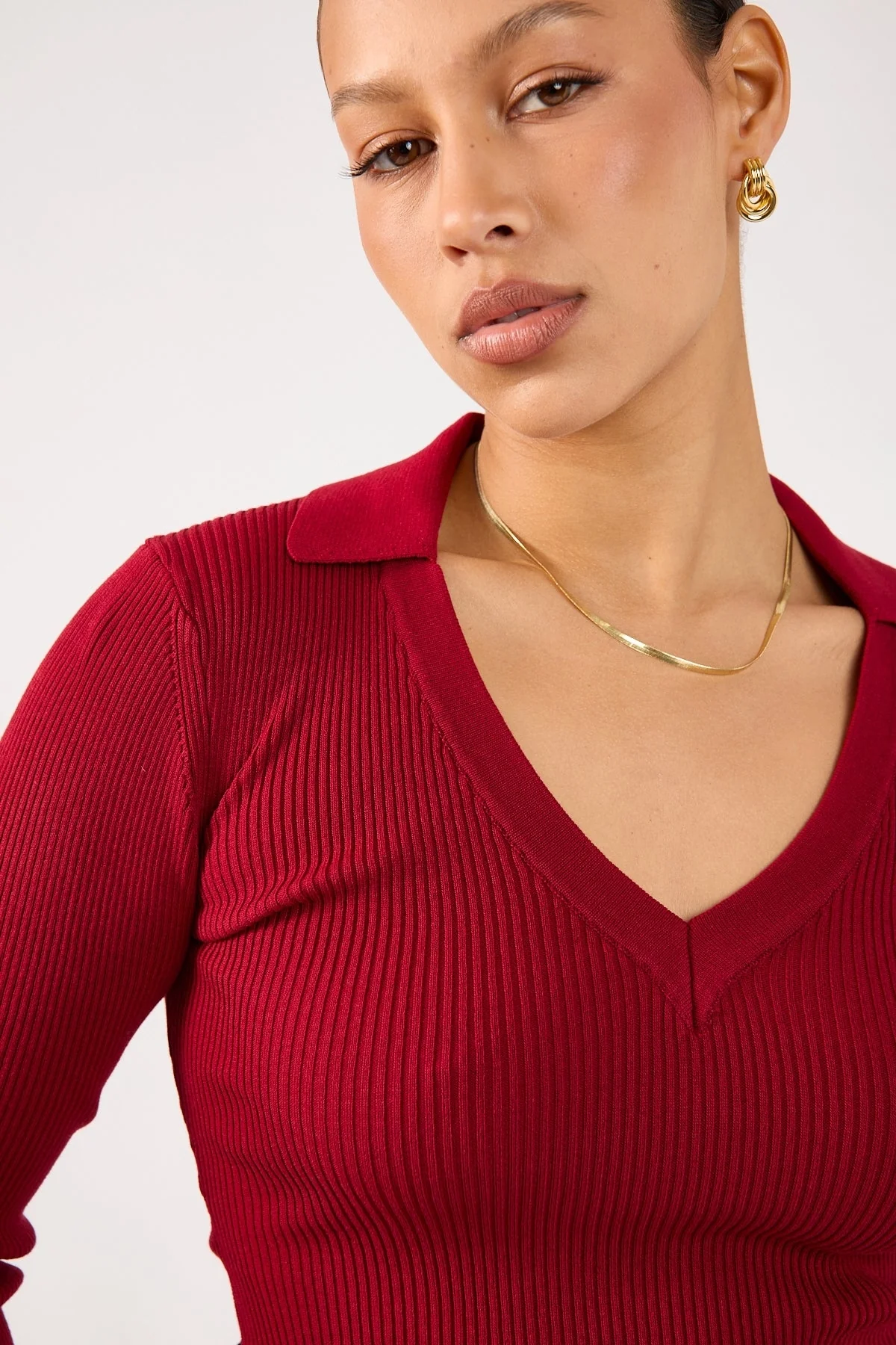 Perfect Stranger Fiorelle Knitted Long Sleeve Polo Burgundy - Image 3