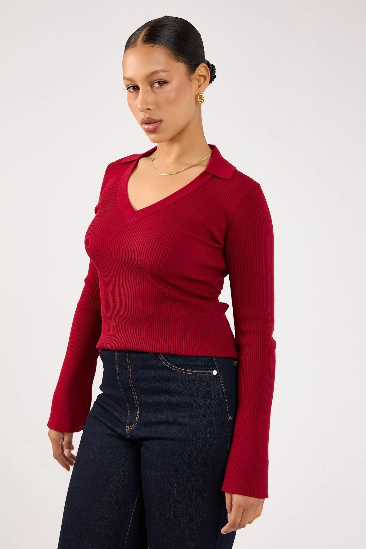 Perfect Stranger Fiorelle Knitted Long Sleeve Polo Burgundy - Image 4