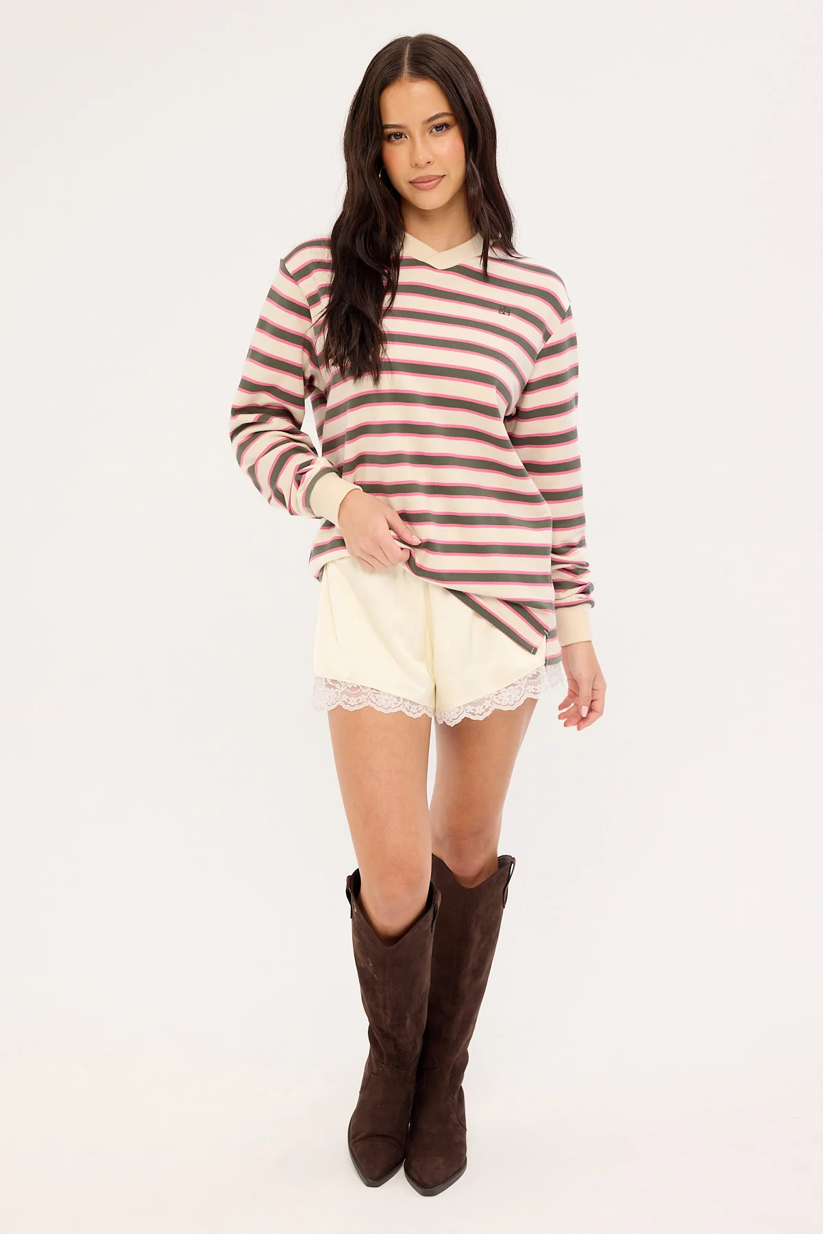 Perfect Stranger Francis Stripe V-Neck Rugby Pink/ Khaki Stripe - Image 2