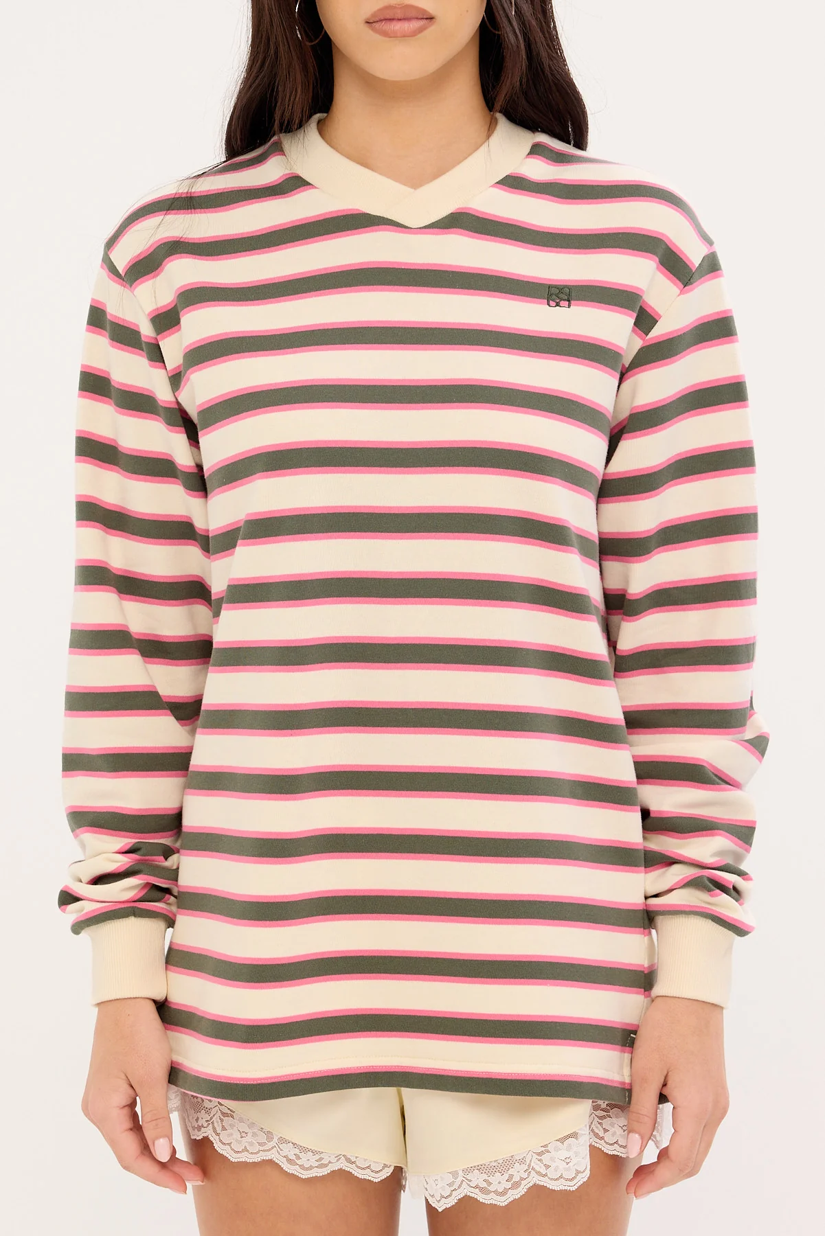 Perfect Stranger Francis Stripe V-Neck Rugby Pink/ Khaki Stripe - Image 6