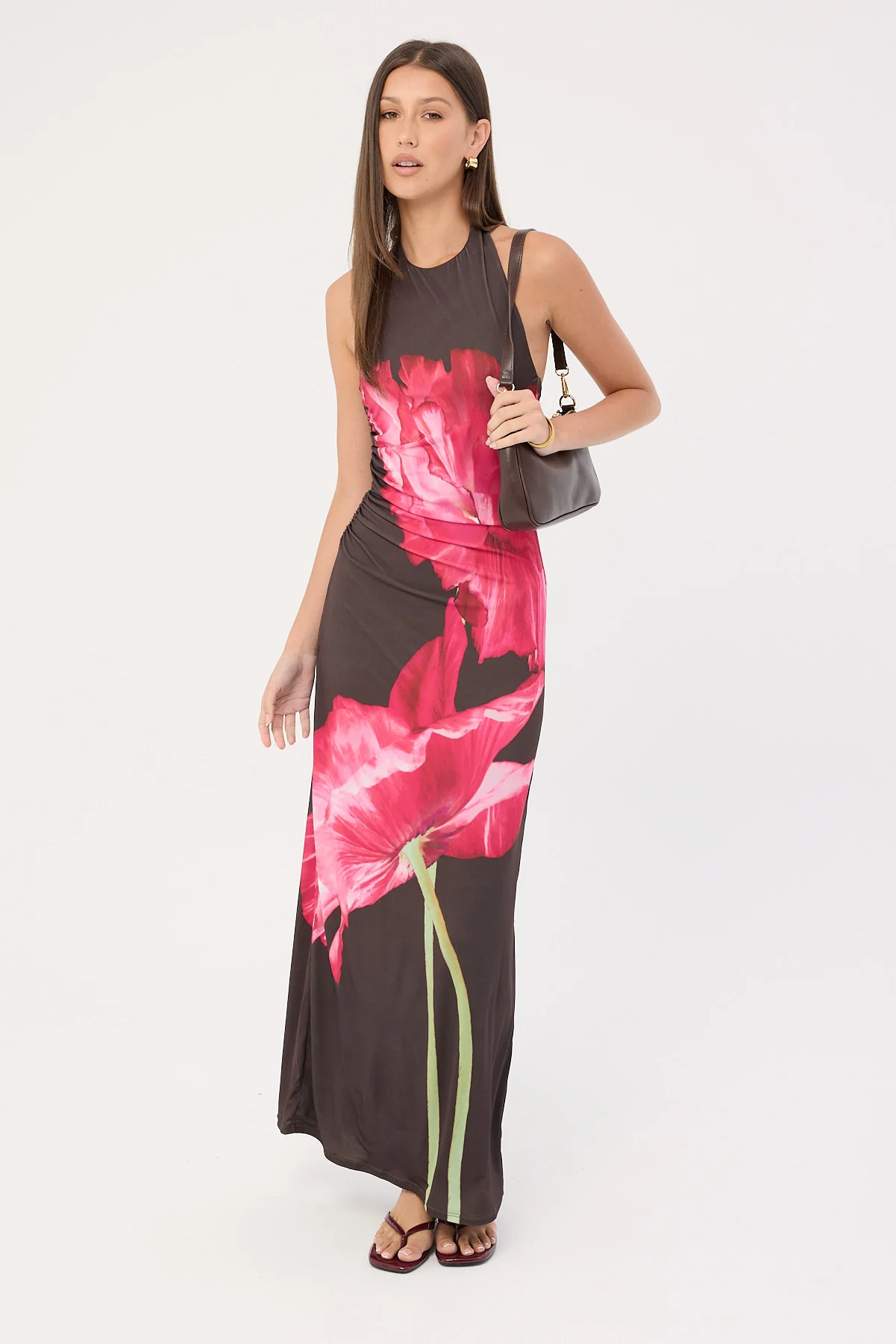Perfect Stranger Full Bloom High Neck Maxi Dress Brown Print - Image 2